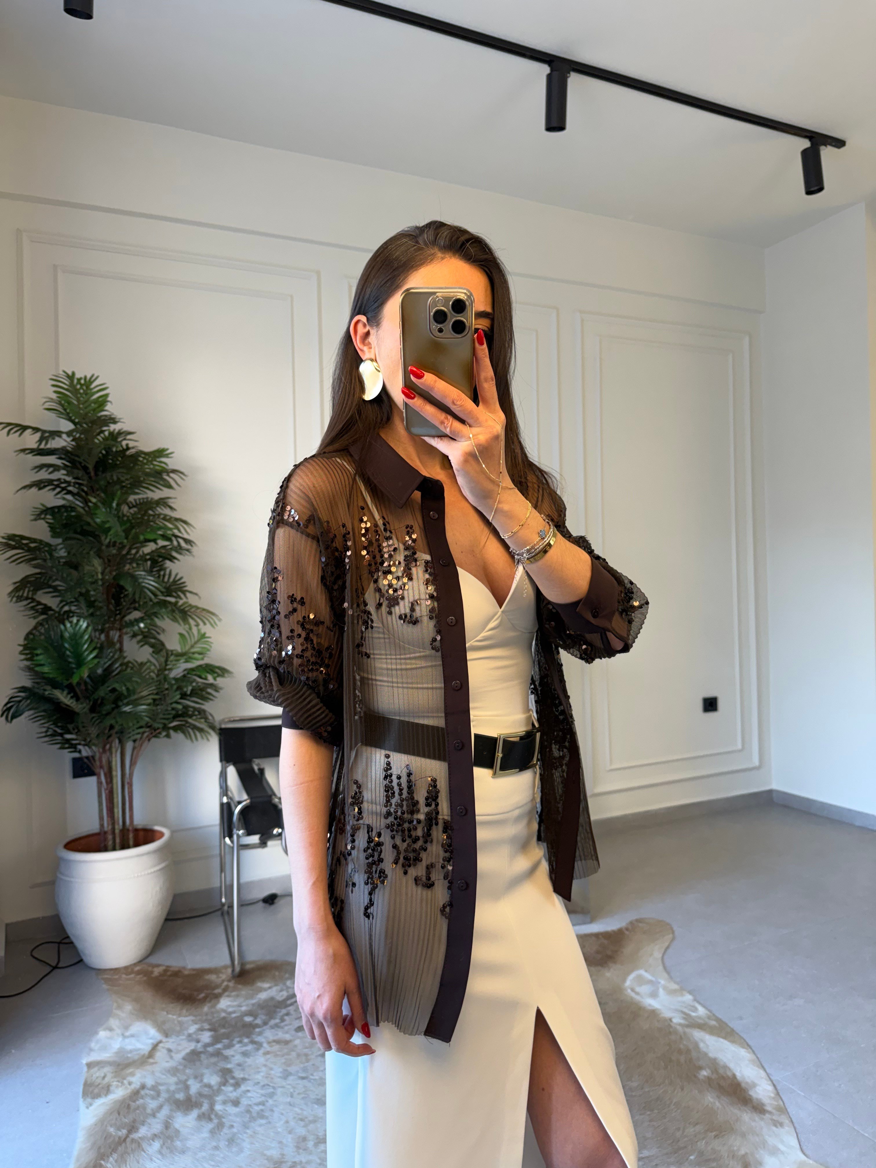 Acıkahve Pullu Garnilli Gömlek