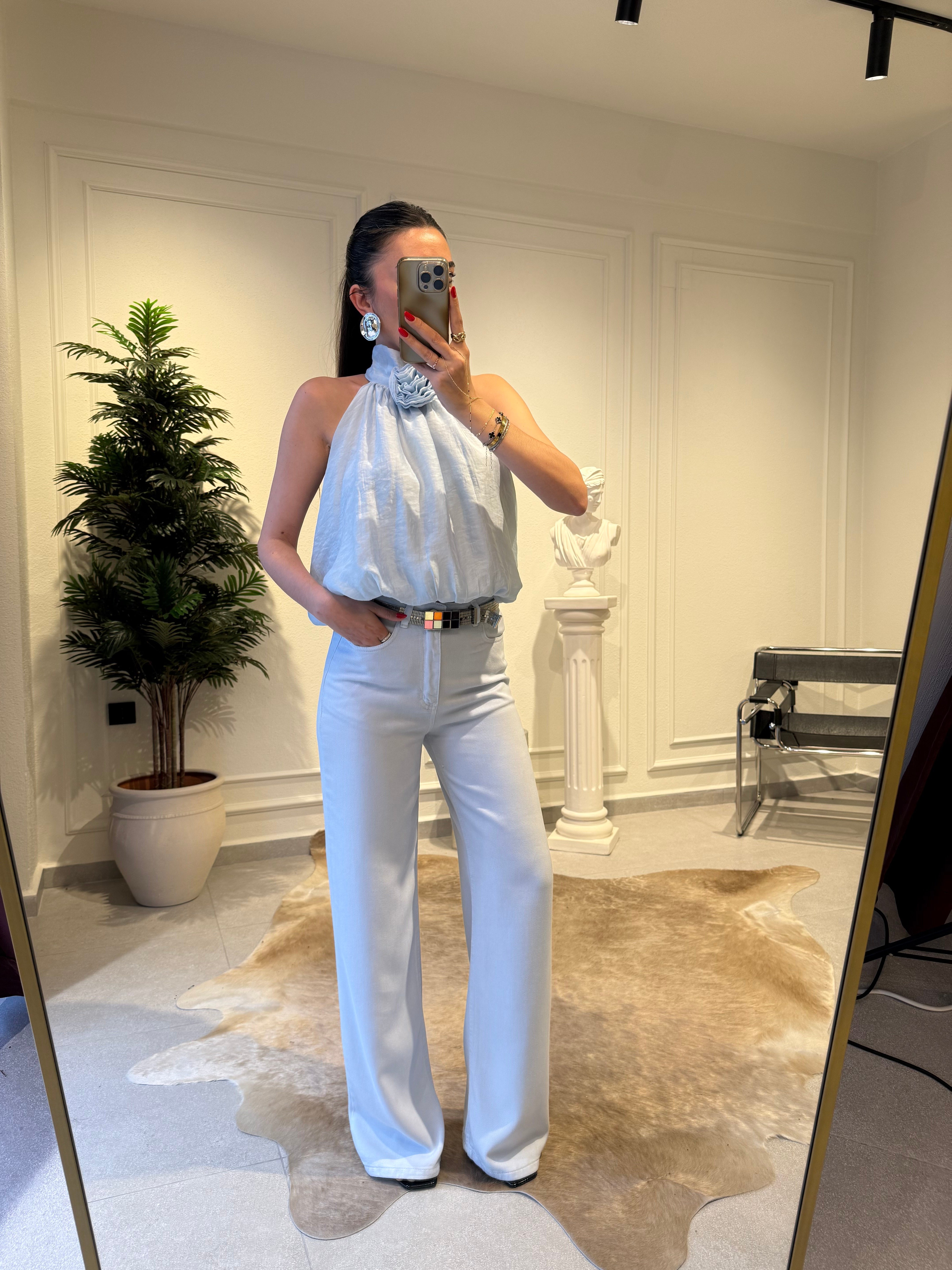 Bebe Mavi Gül Broşlu Halter Yaka Bluz