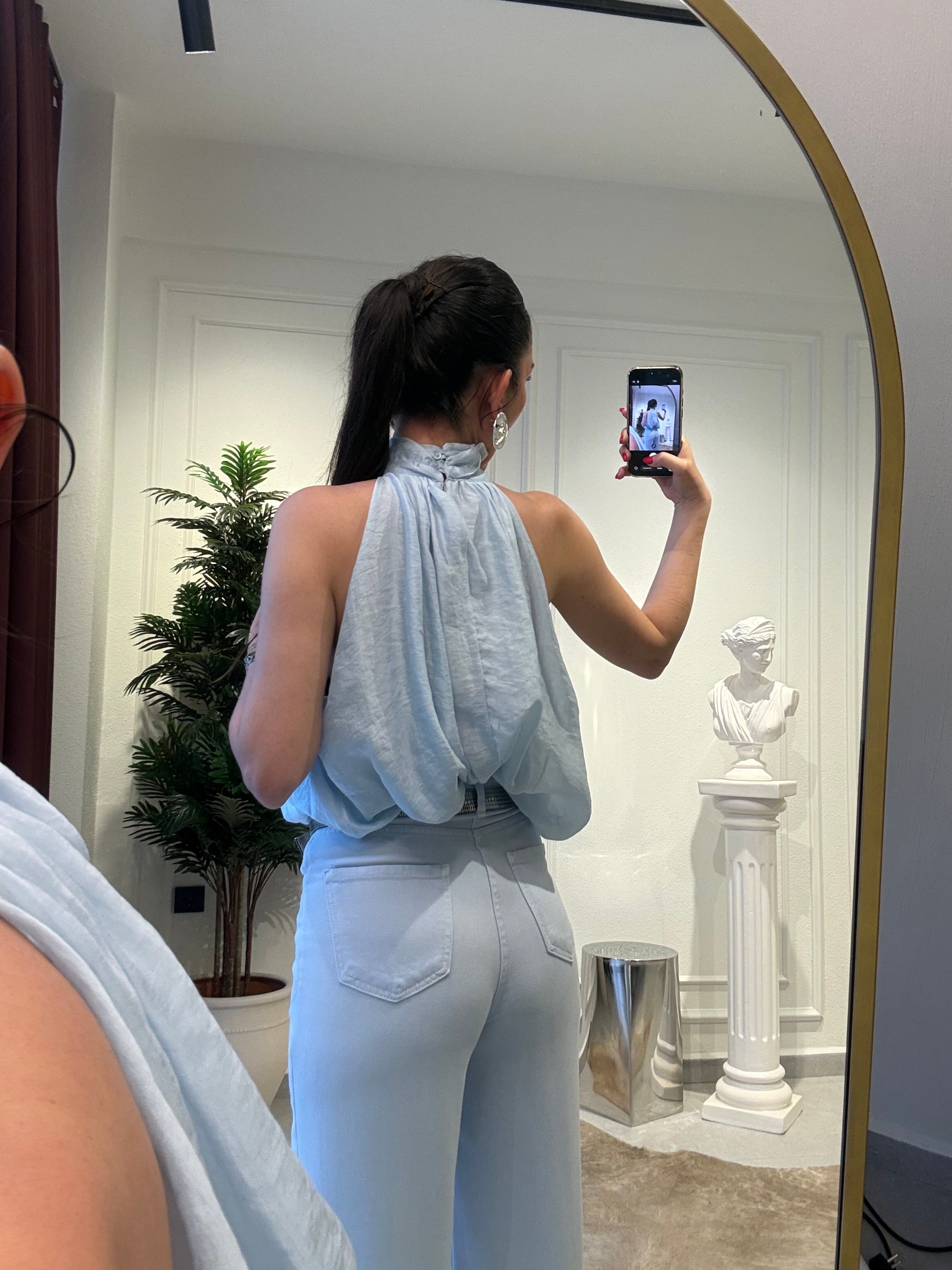 Bebe Mavi Gül Broşlu Halter Yaka Bluz