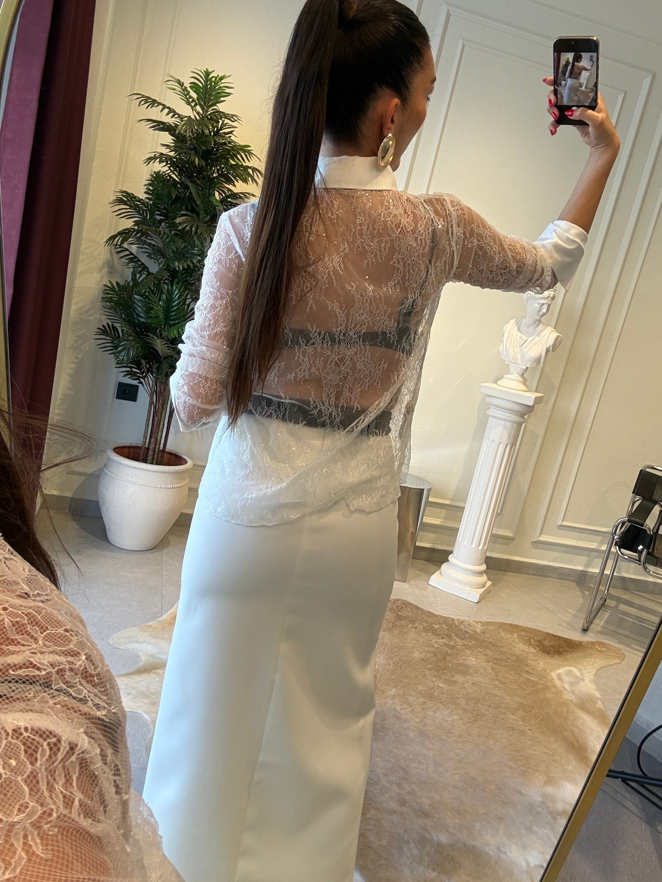 Beyaz Dantelli Slim Fit Gömlek