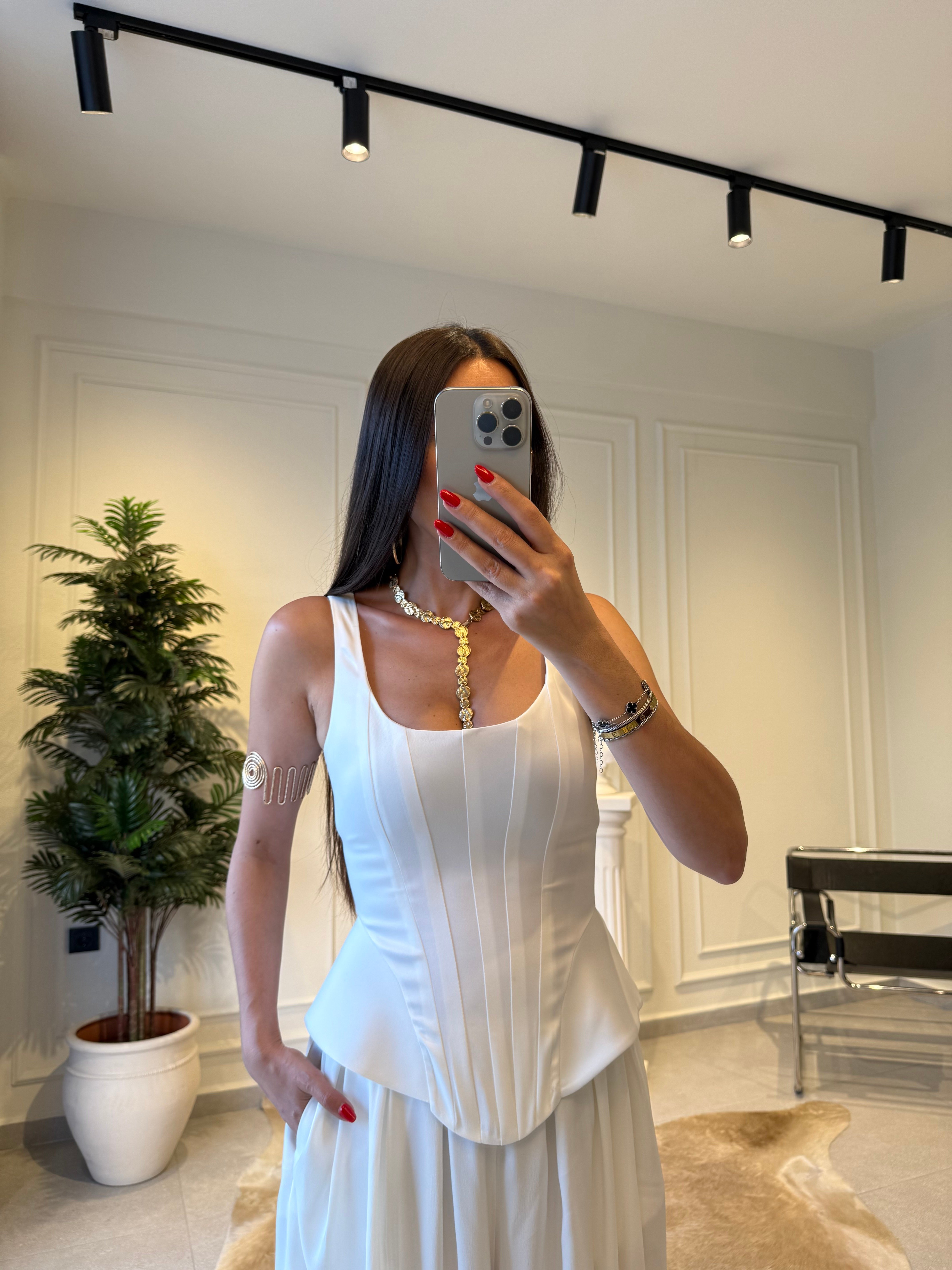 Beyaz Fermuarlı Balenli Korse Bluz