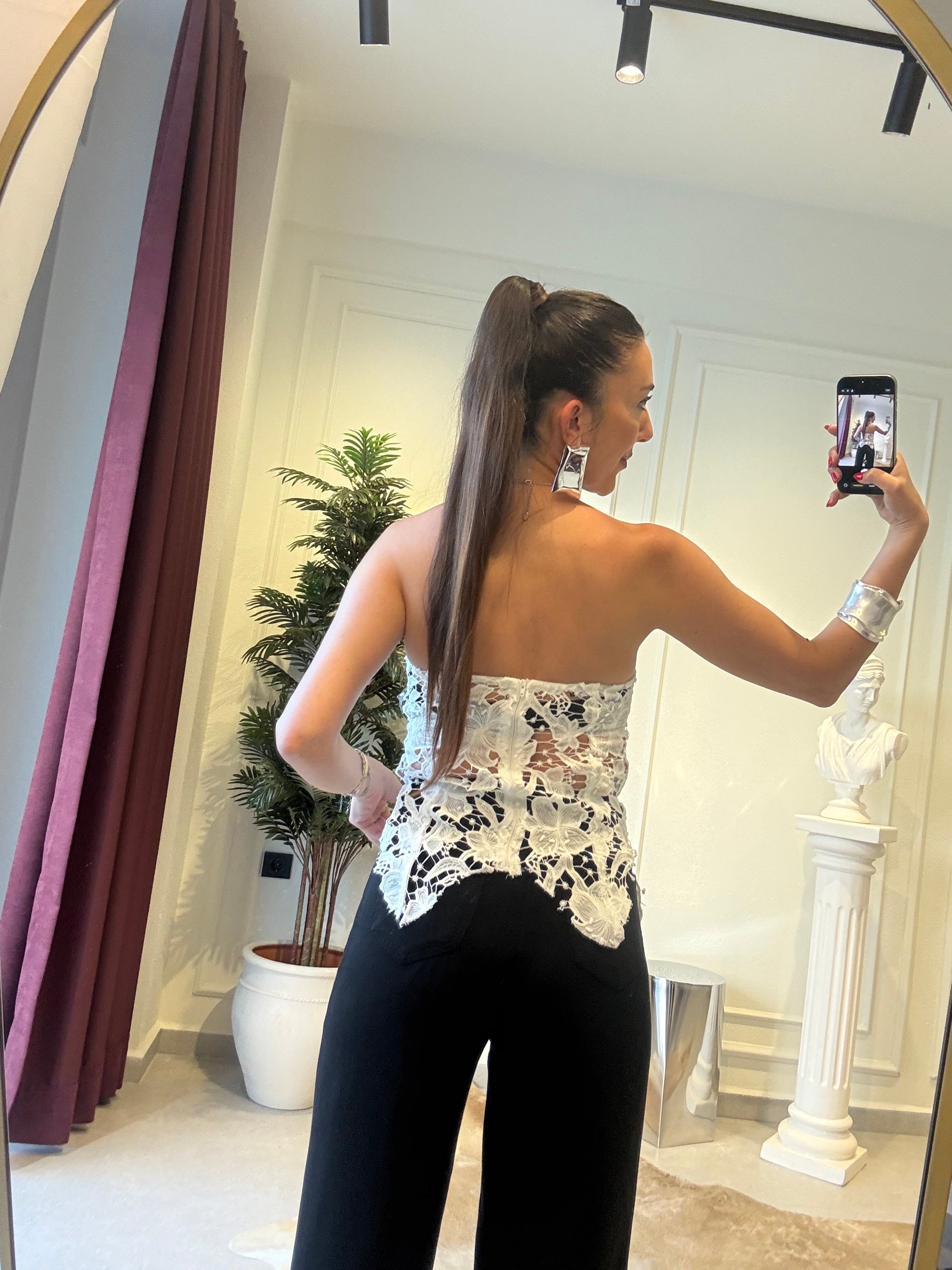 Beyaz Güpür Detaylı Transparan Bluz