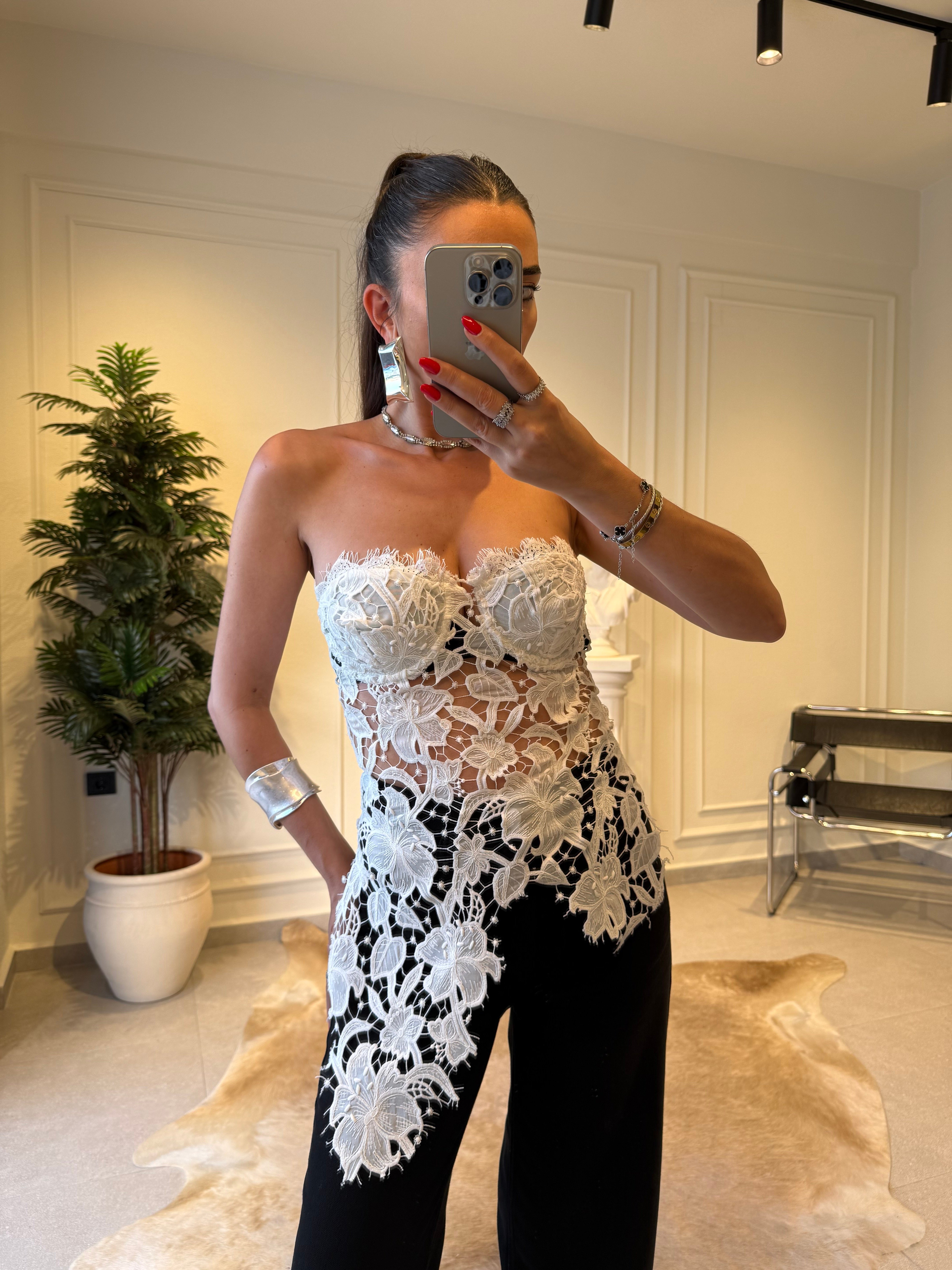 Beyaz Güpür Detaylı Transparan Bluz