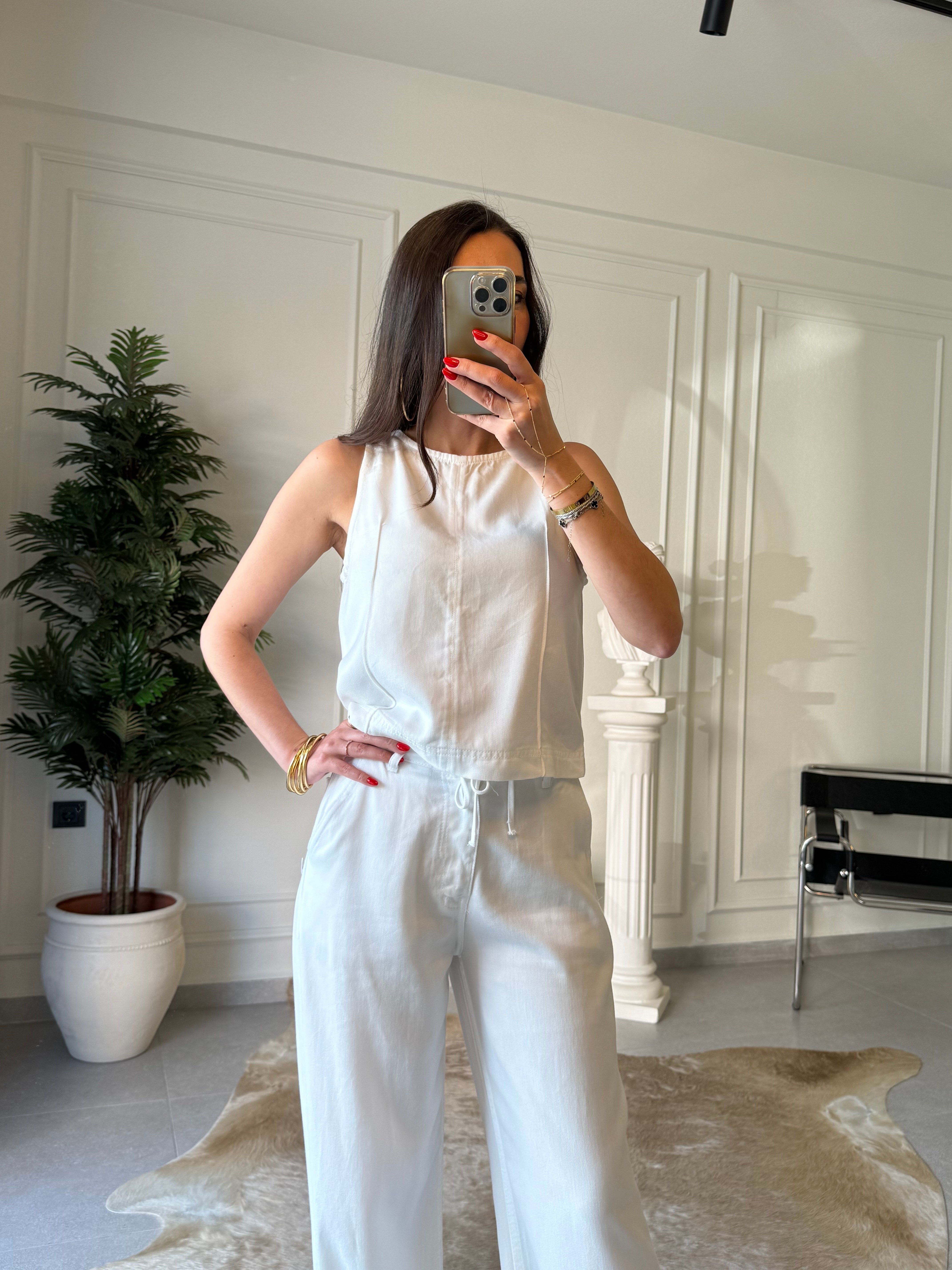 Beyaz Tensel Denim Takım