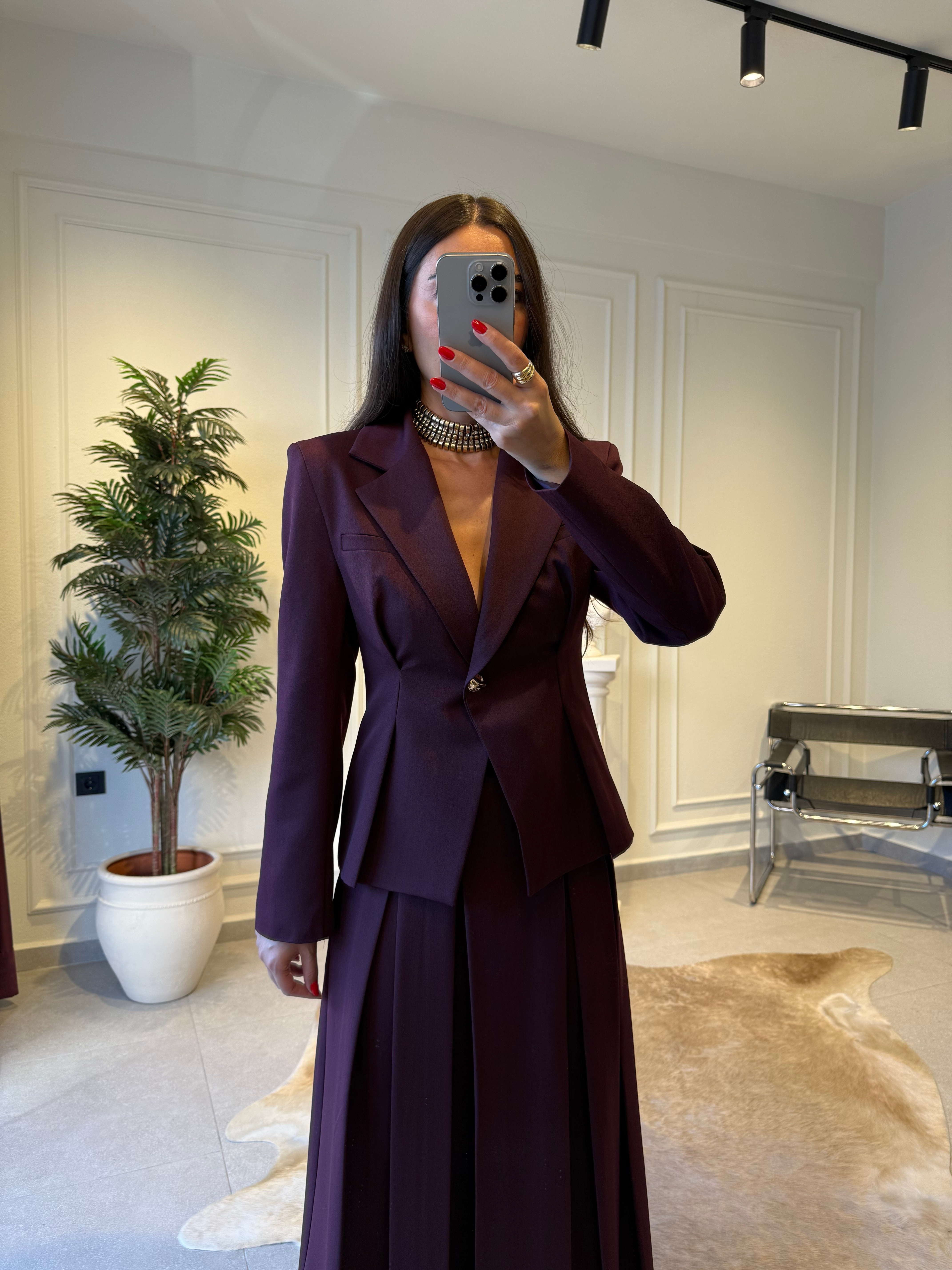 Bordo Belden Oturtmalı Fit Ceket 