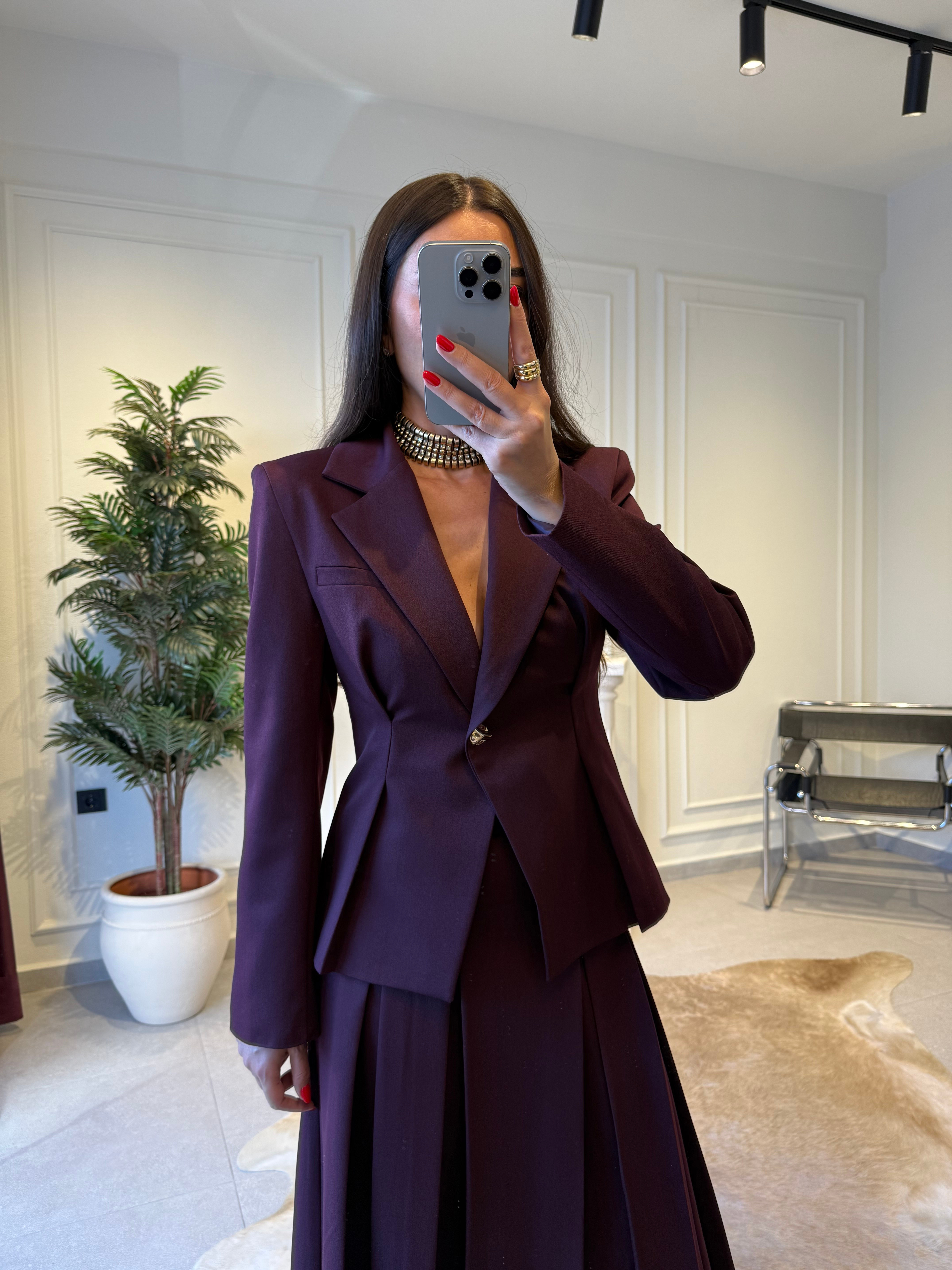 Bordo Belden Oturtmalı Fit Ceket 