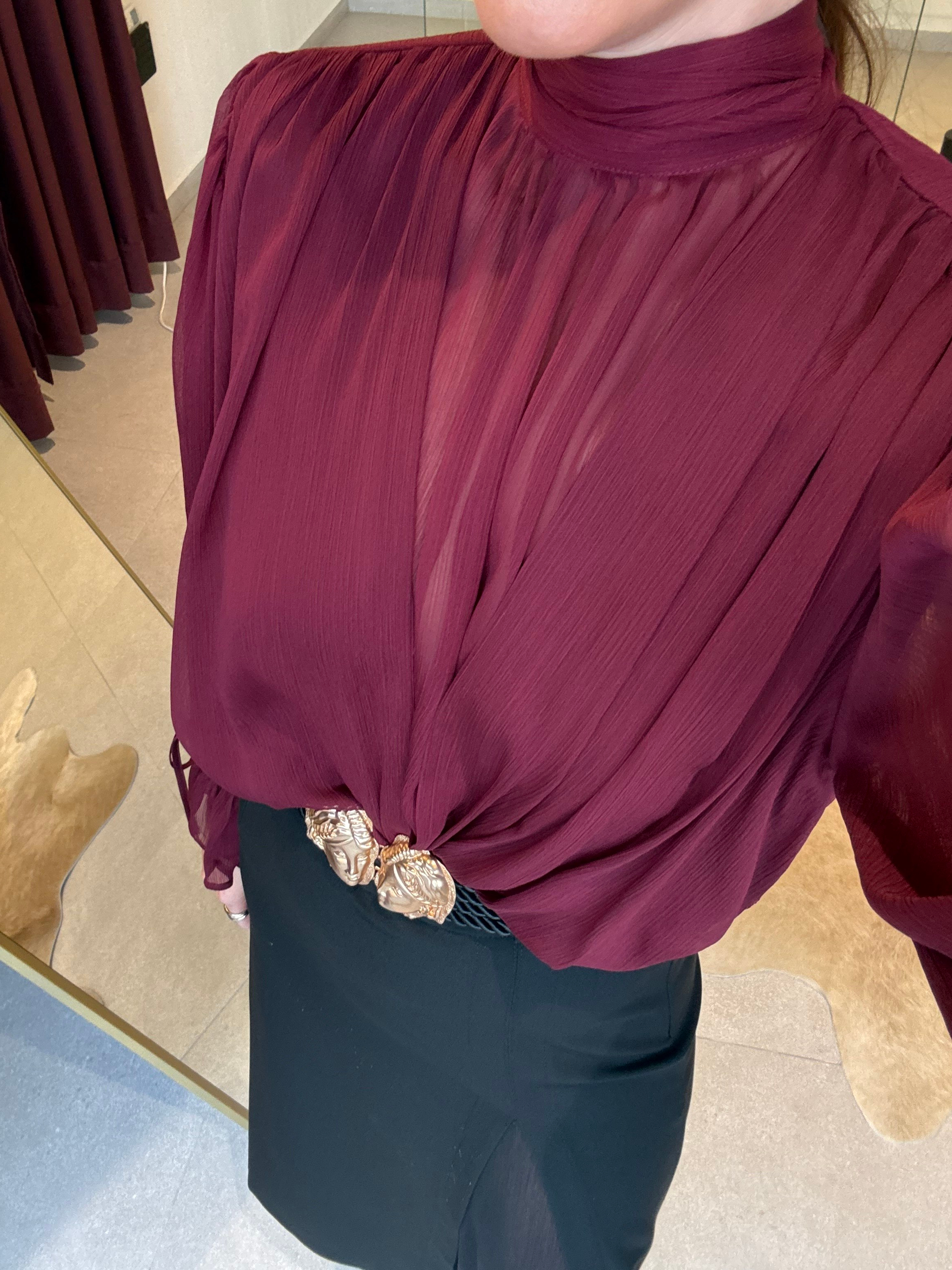 Bordo Drapeli Şifon Bluz