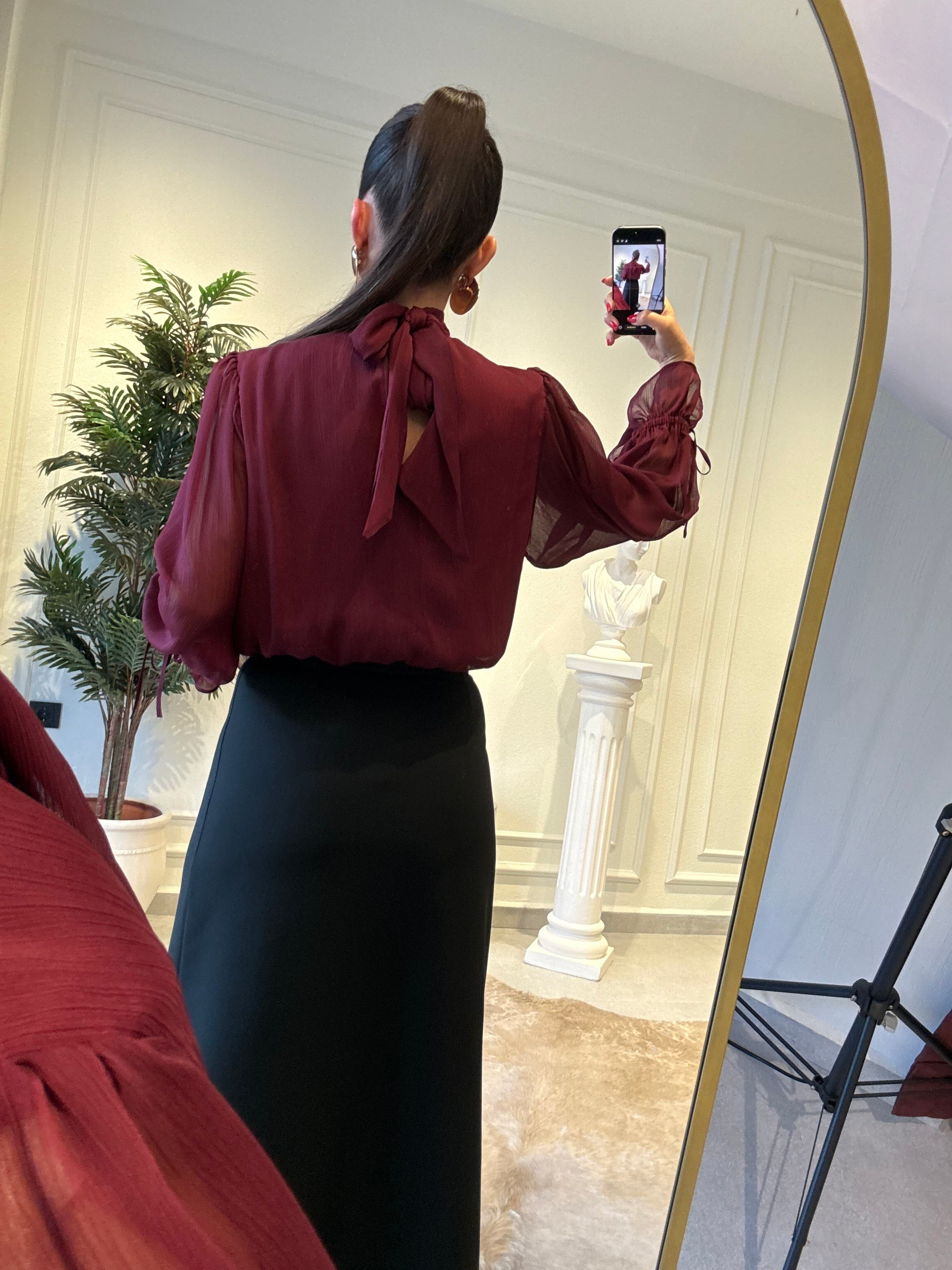 Bordo Drapeli Şifon Bluz