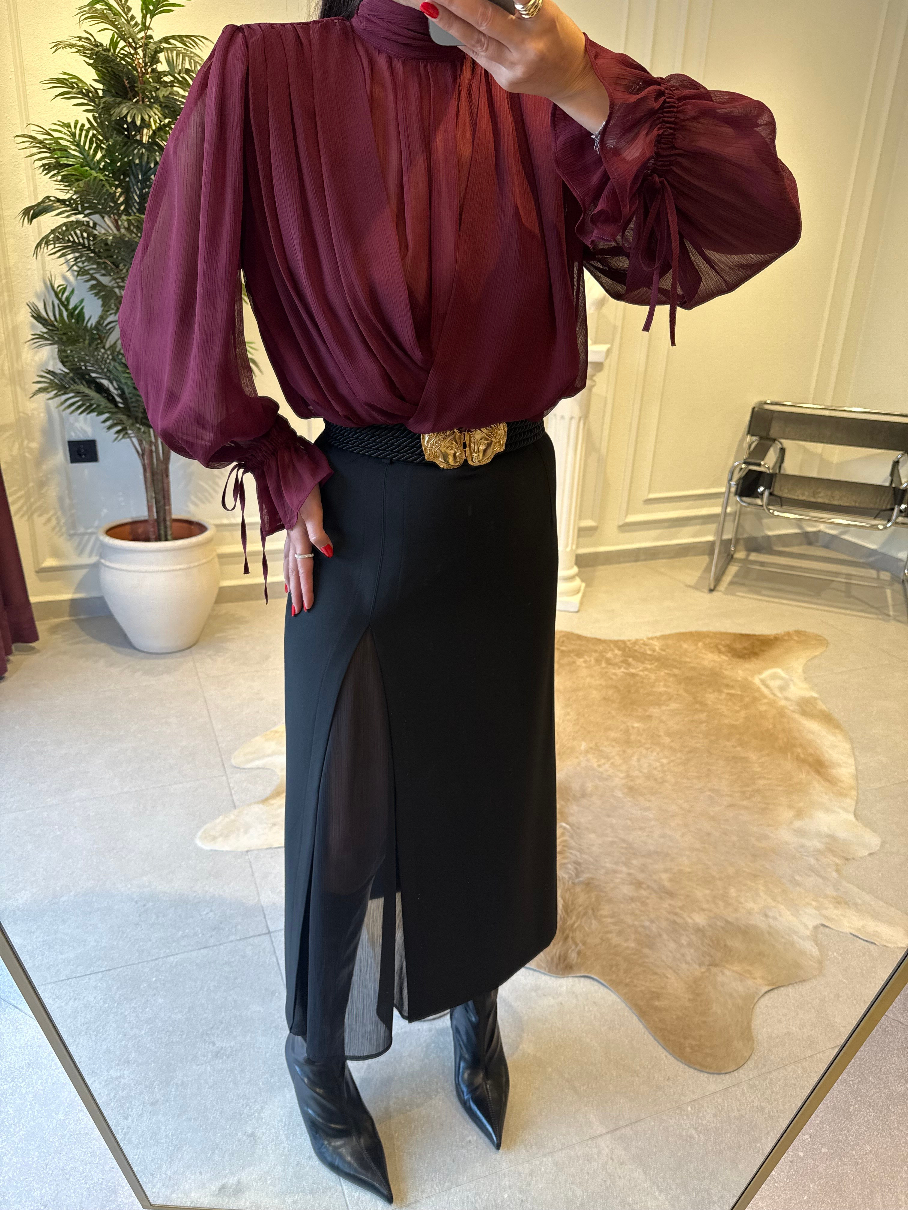 Bordo Drapeli Şifon Bluz