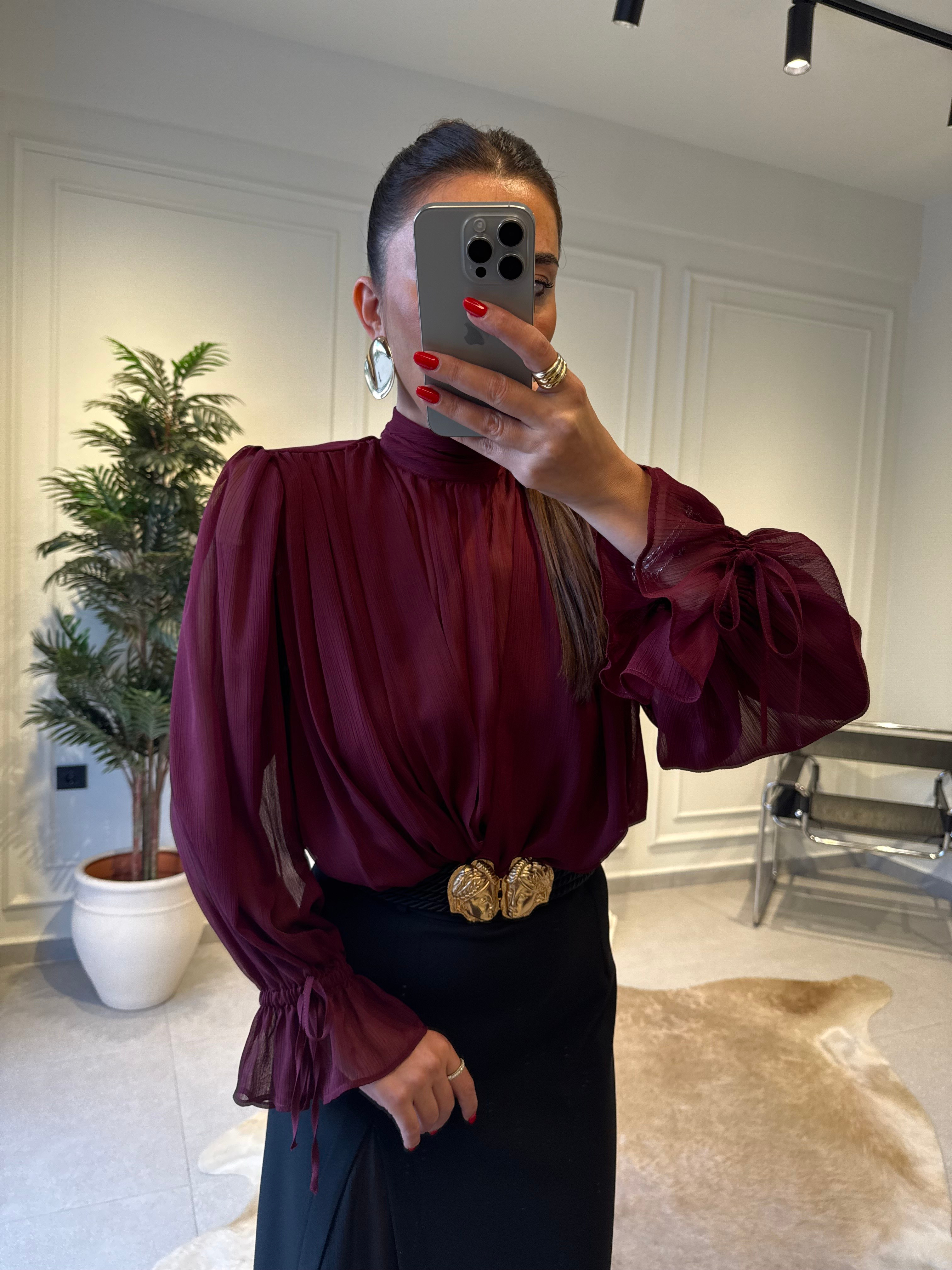 Bordo Drapeli Şifon Bluz