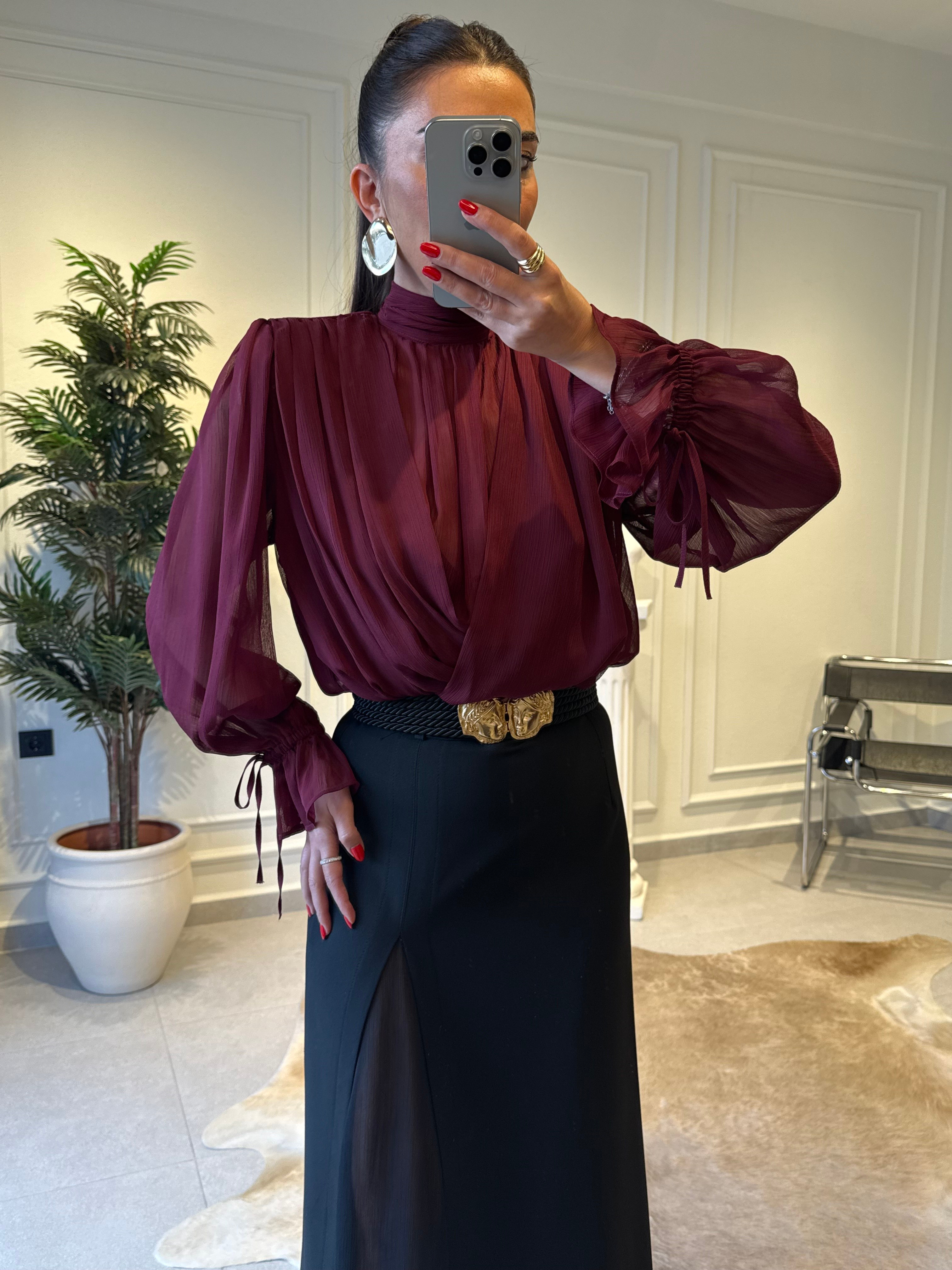 Bordo Drapeli Şifon Bluz