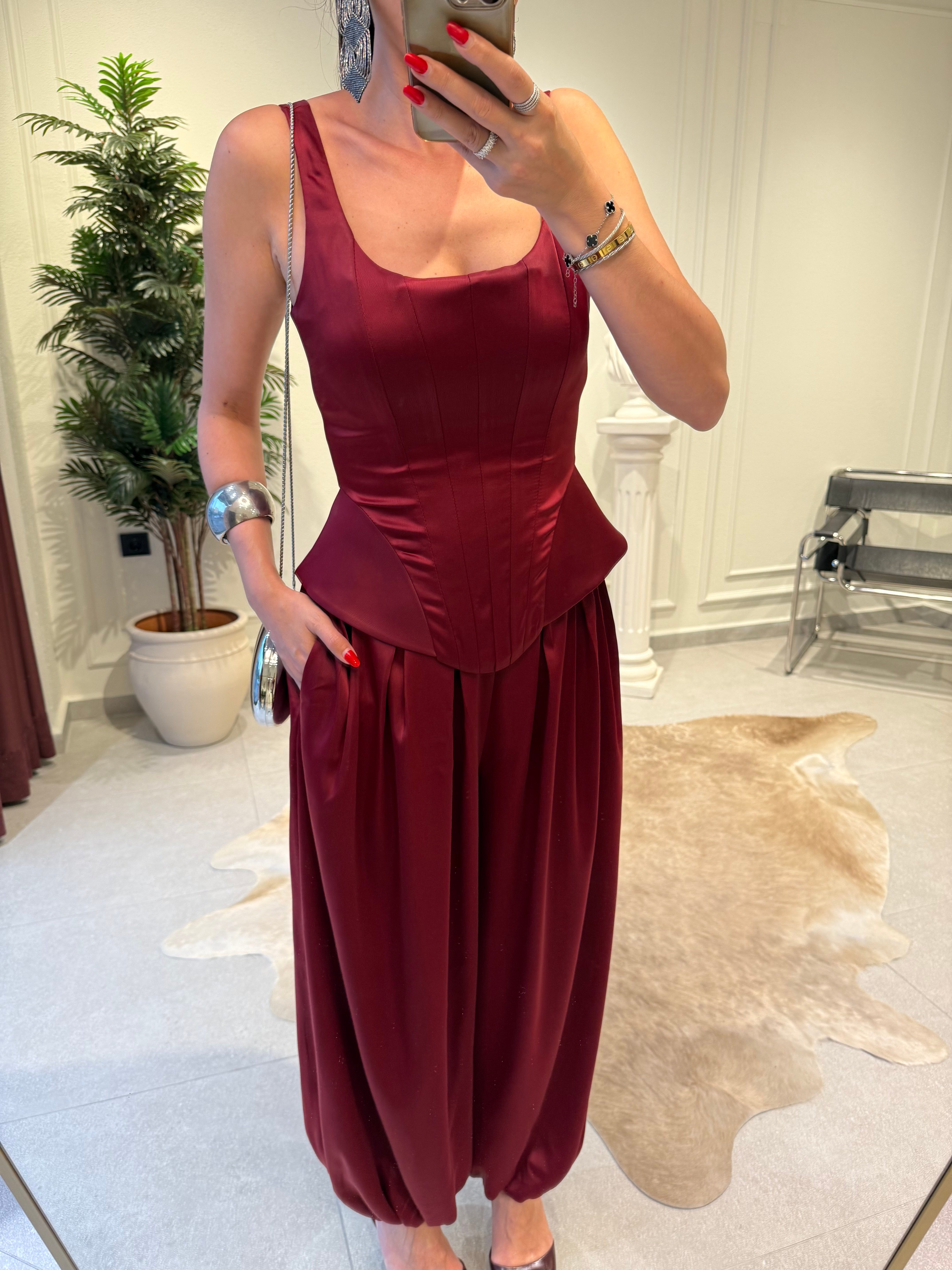 Bordo Fermuarlı Balenli Korse Bluz