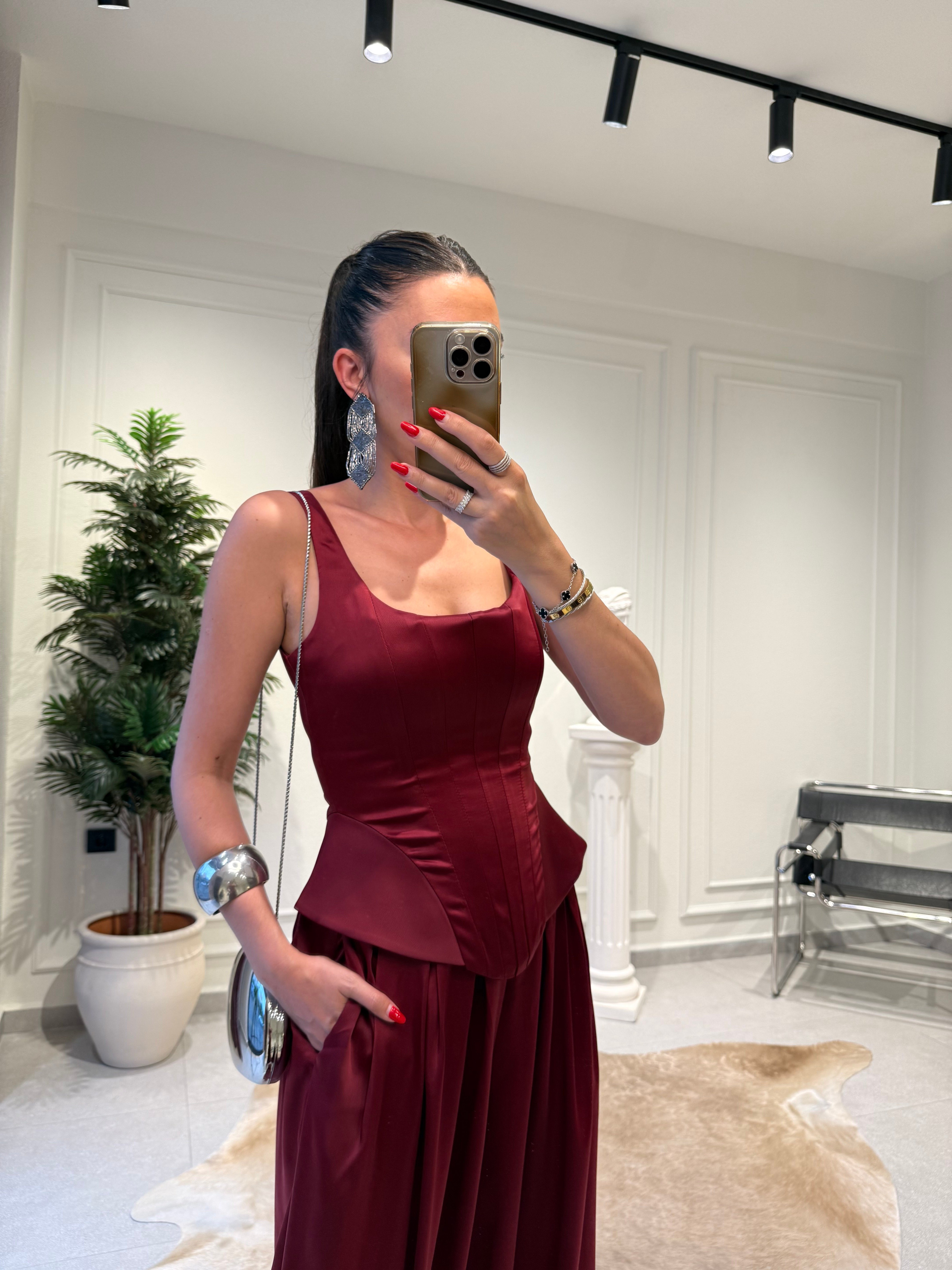 Bordo Fermuarlı Balenli Korse Bluz