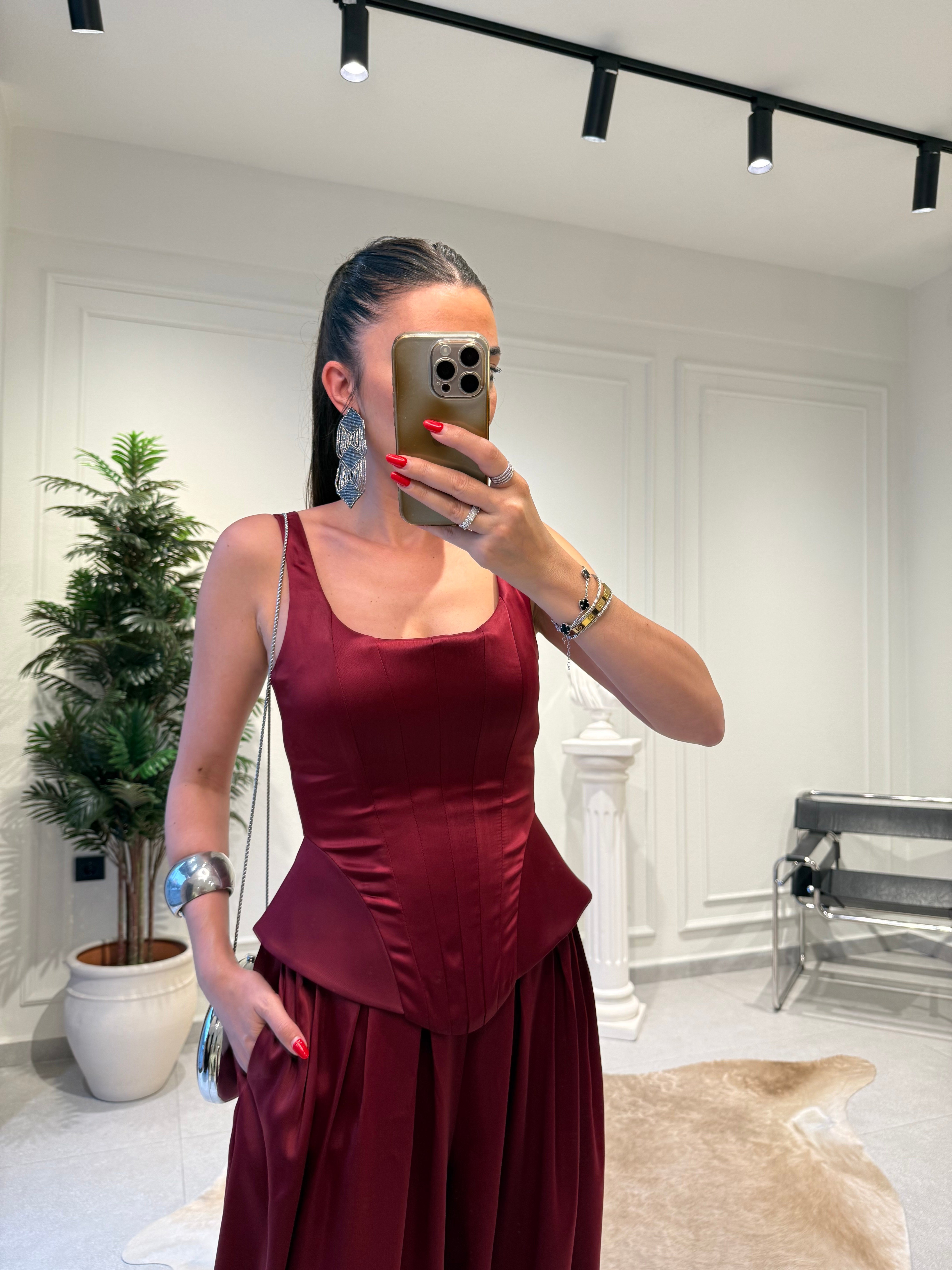 Bordo Fermuarlı Balenli Korse Bluz