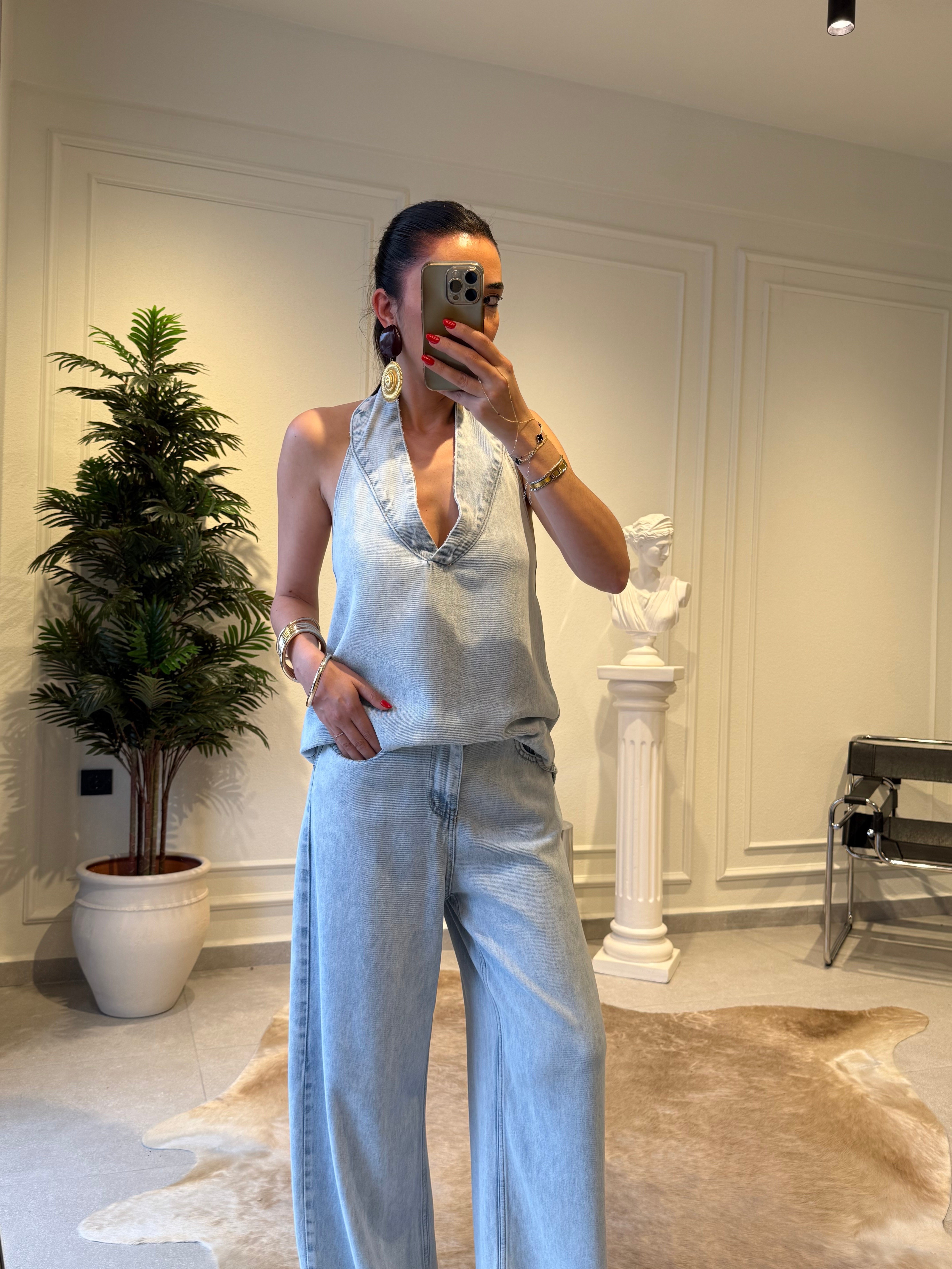 Buz Mavi Halter Yaka Bluz Pantolon Takım
