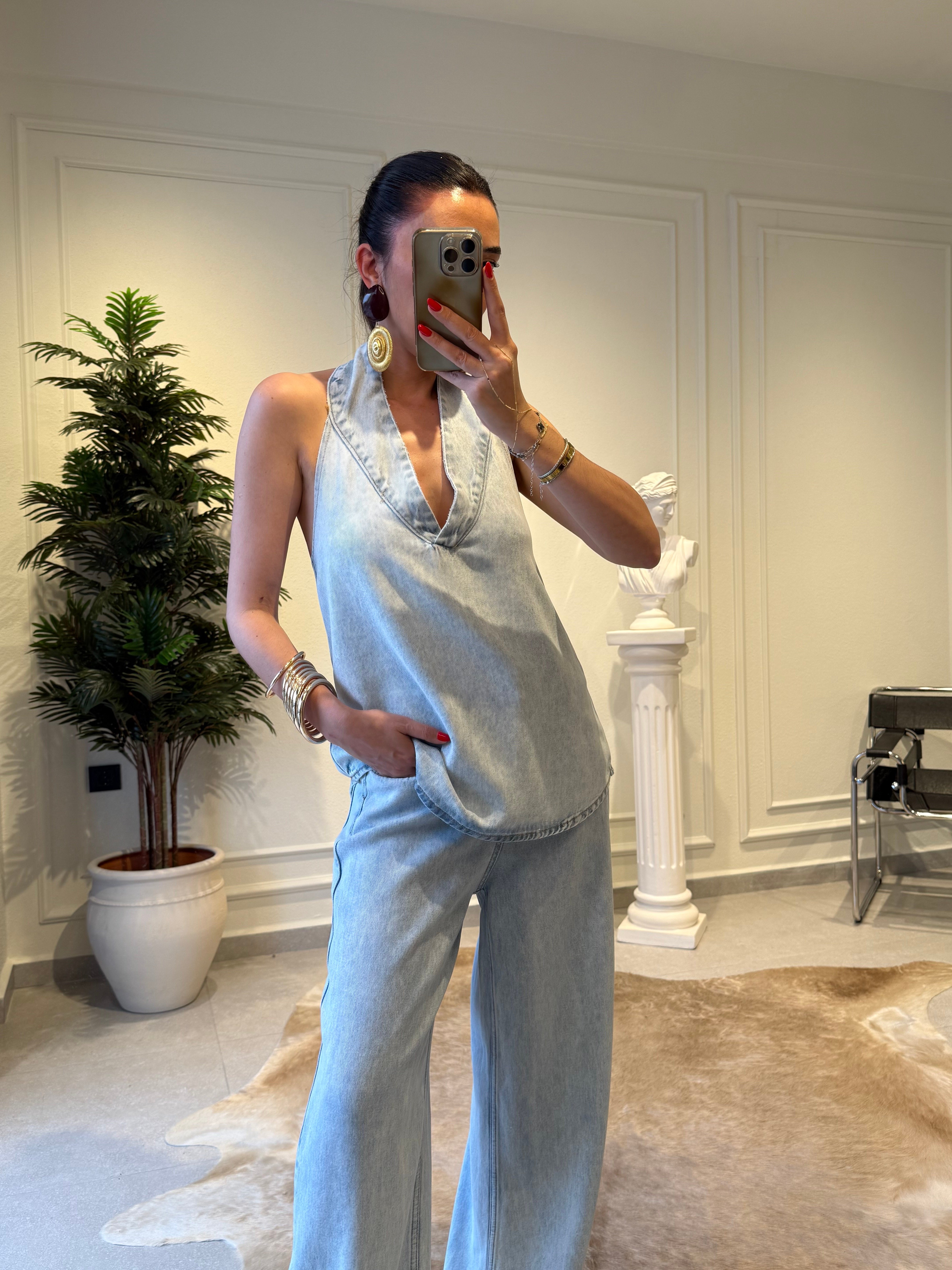 Buz Mavi Halter Yaka Bluz Pantolon Takım