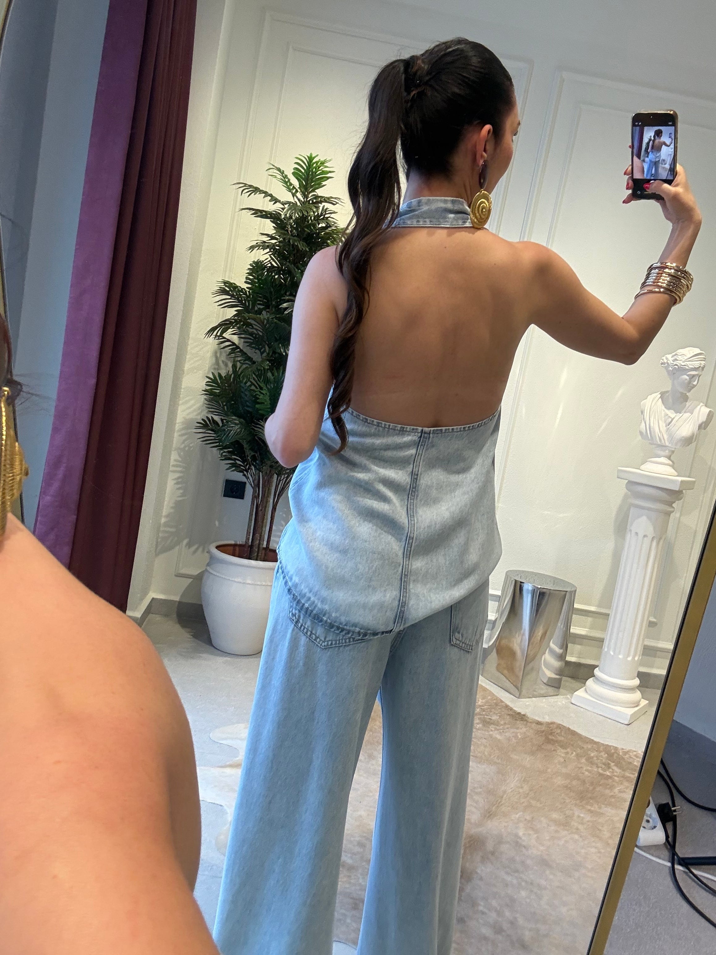Buz Mavi Halter Yaka Bluz Pantolon Takım