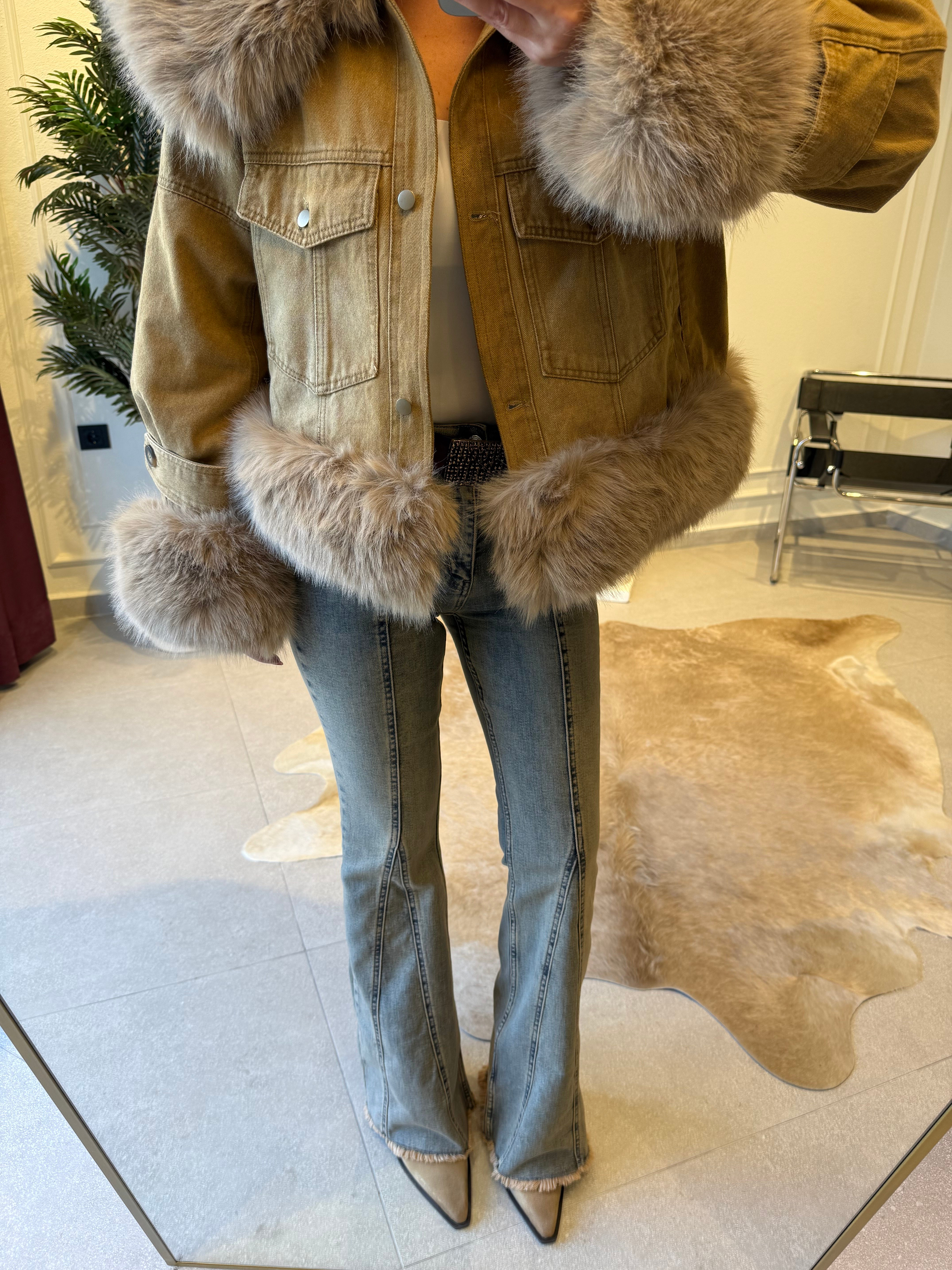 Camel İthal Kürk Detaylı Denim Ceket
