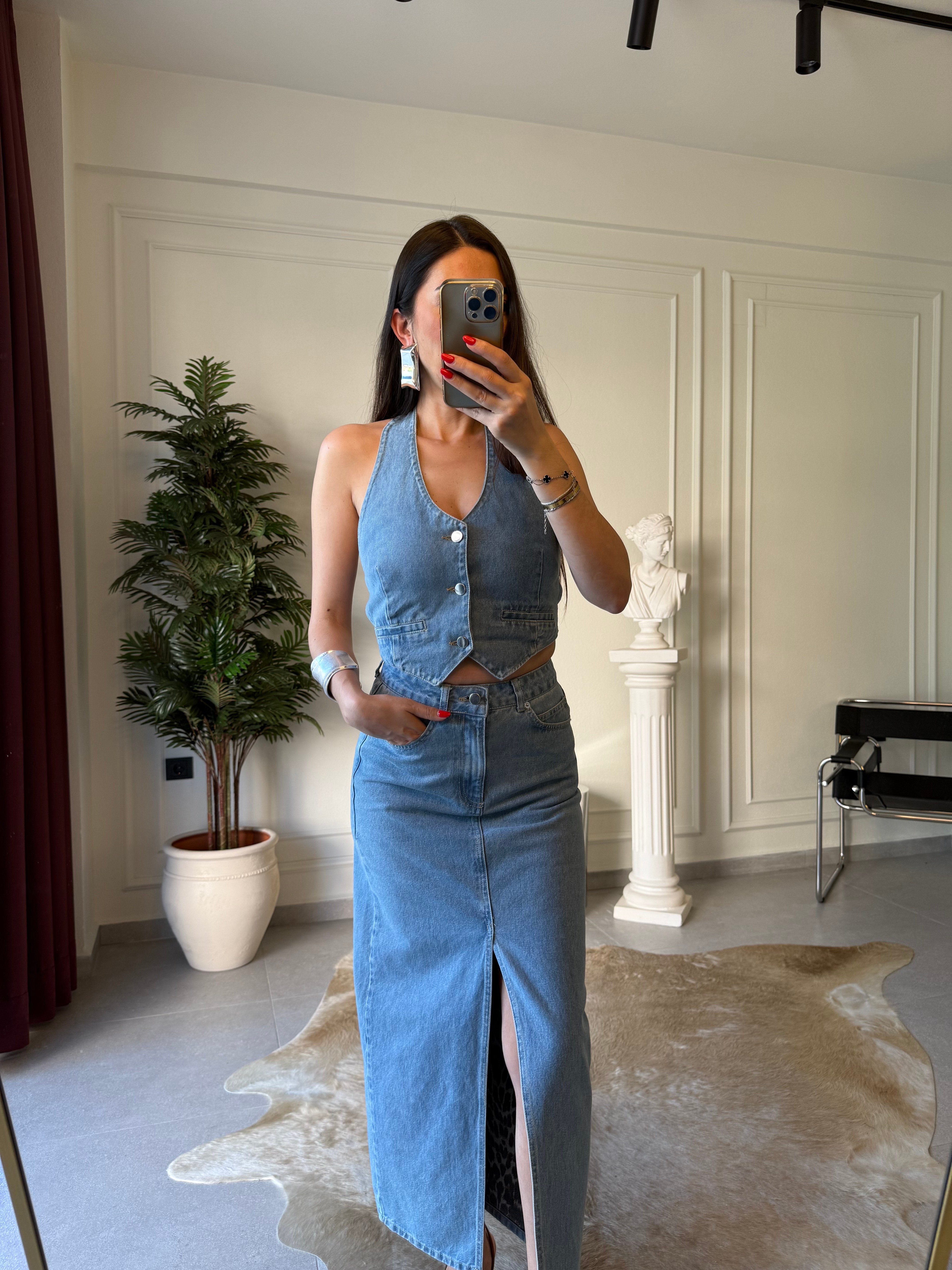 Denim Bluz Etek Takım 