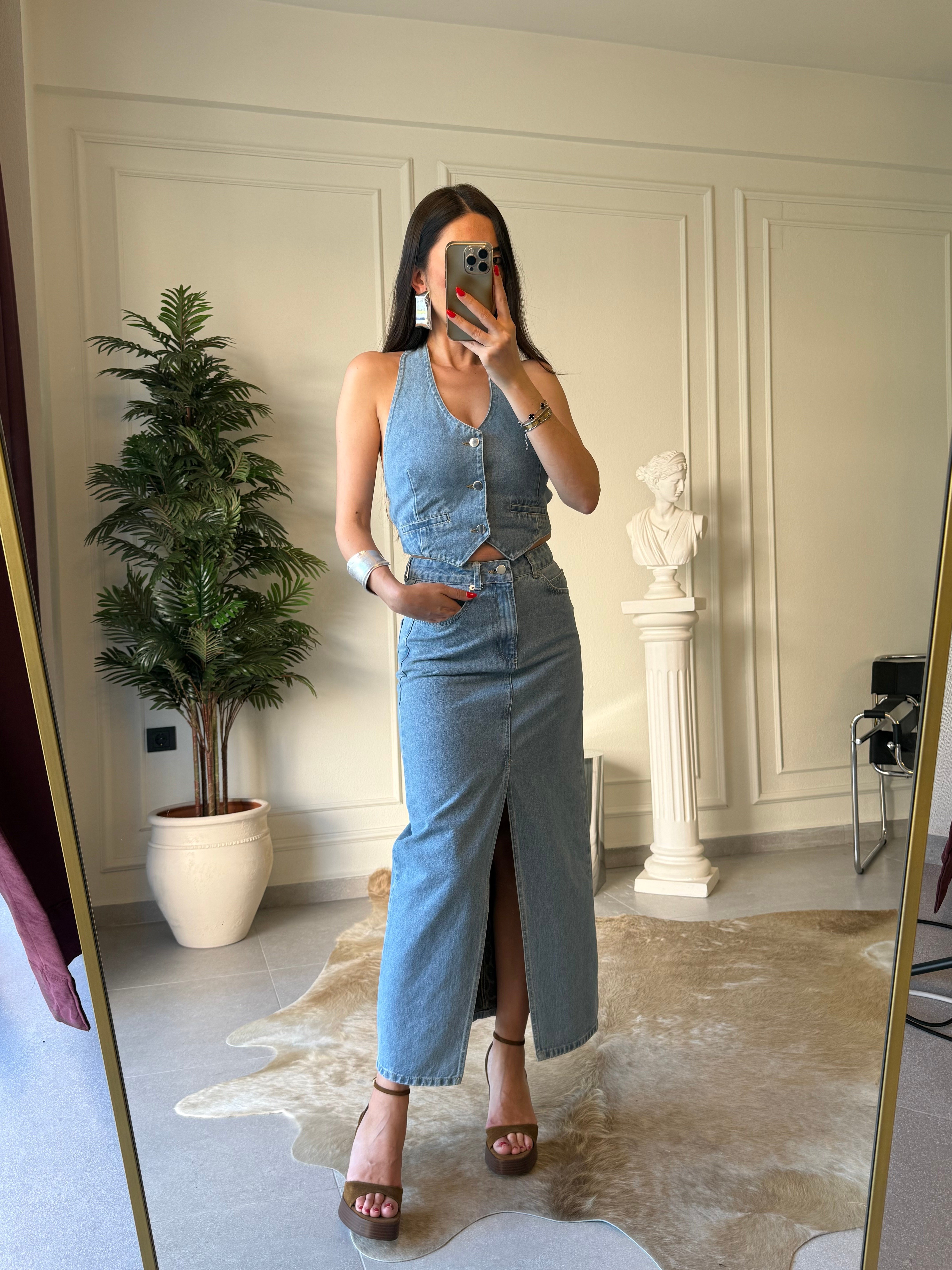 Denim Bluz Etek Takım 