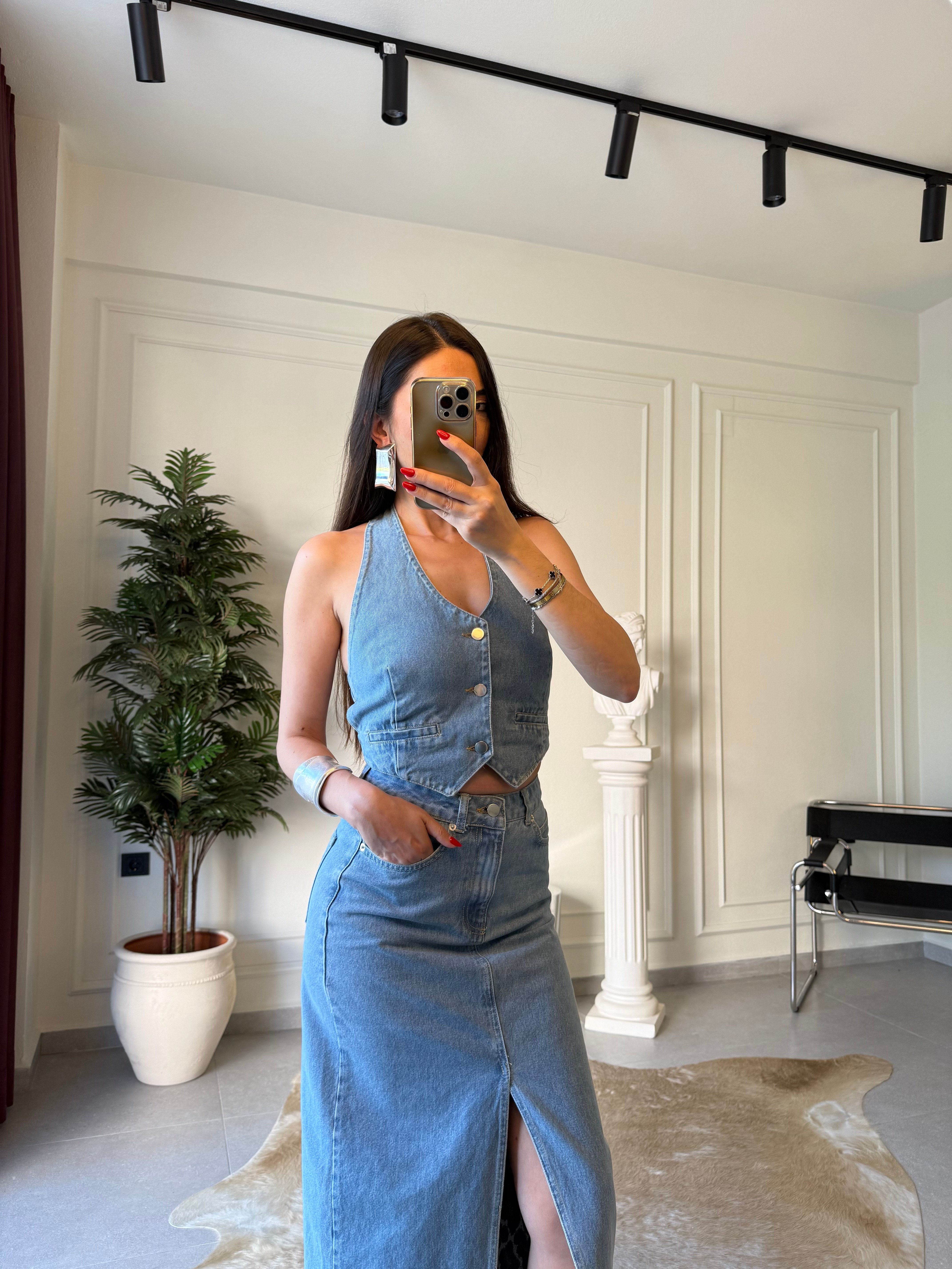 Denim Bluz Etek Takım 