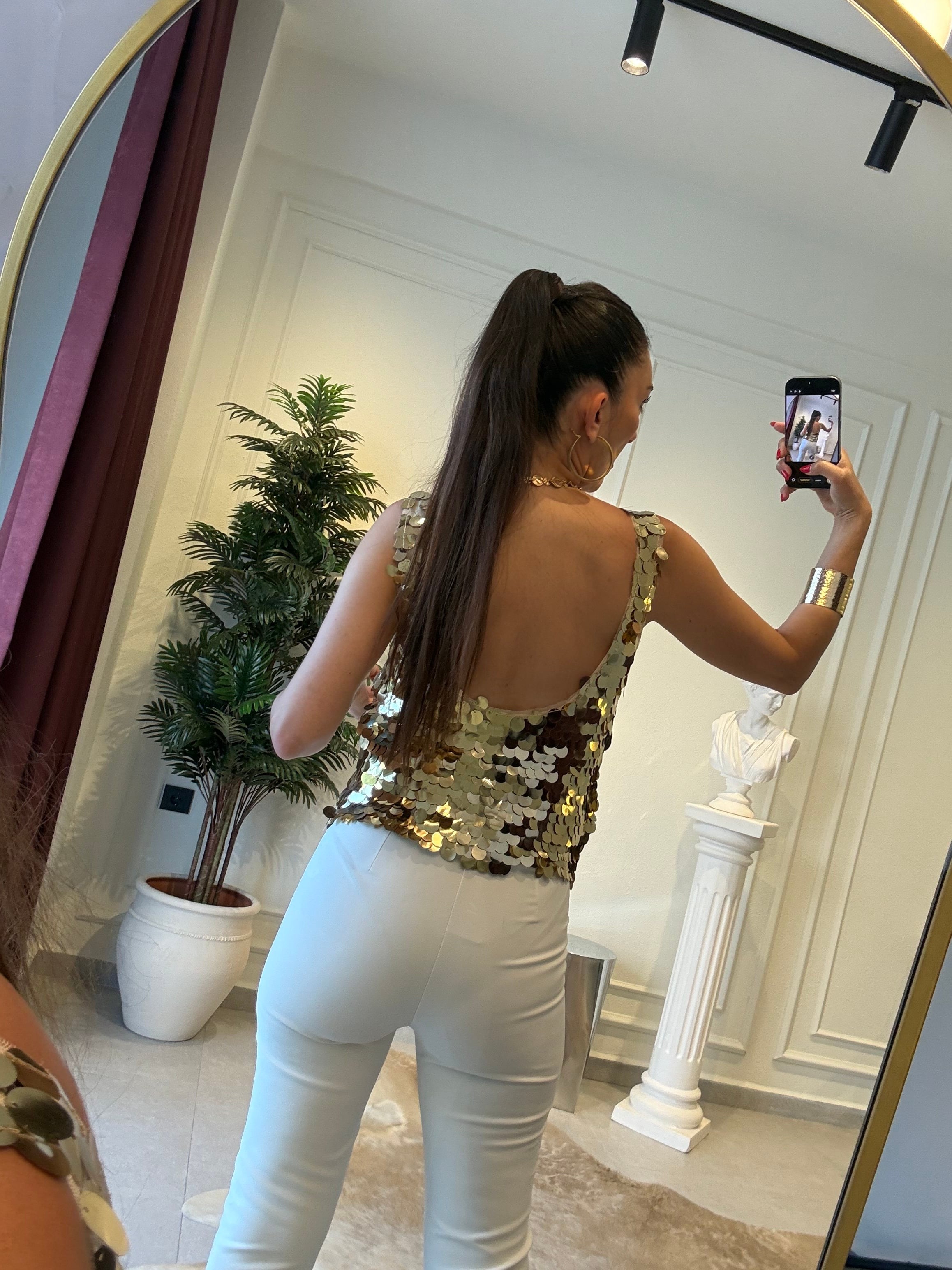 Gold Asimetrik Kesim Payetli Bluz