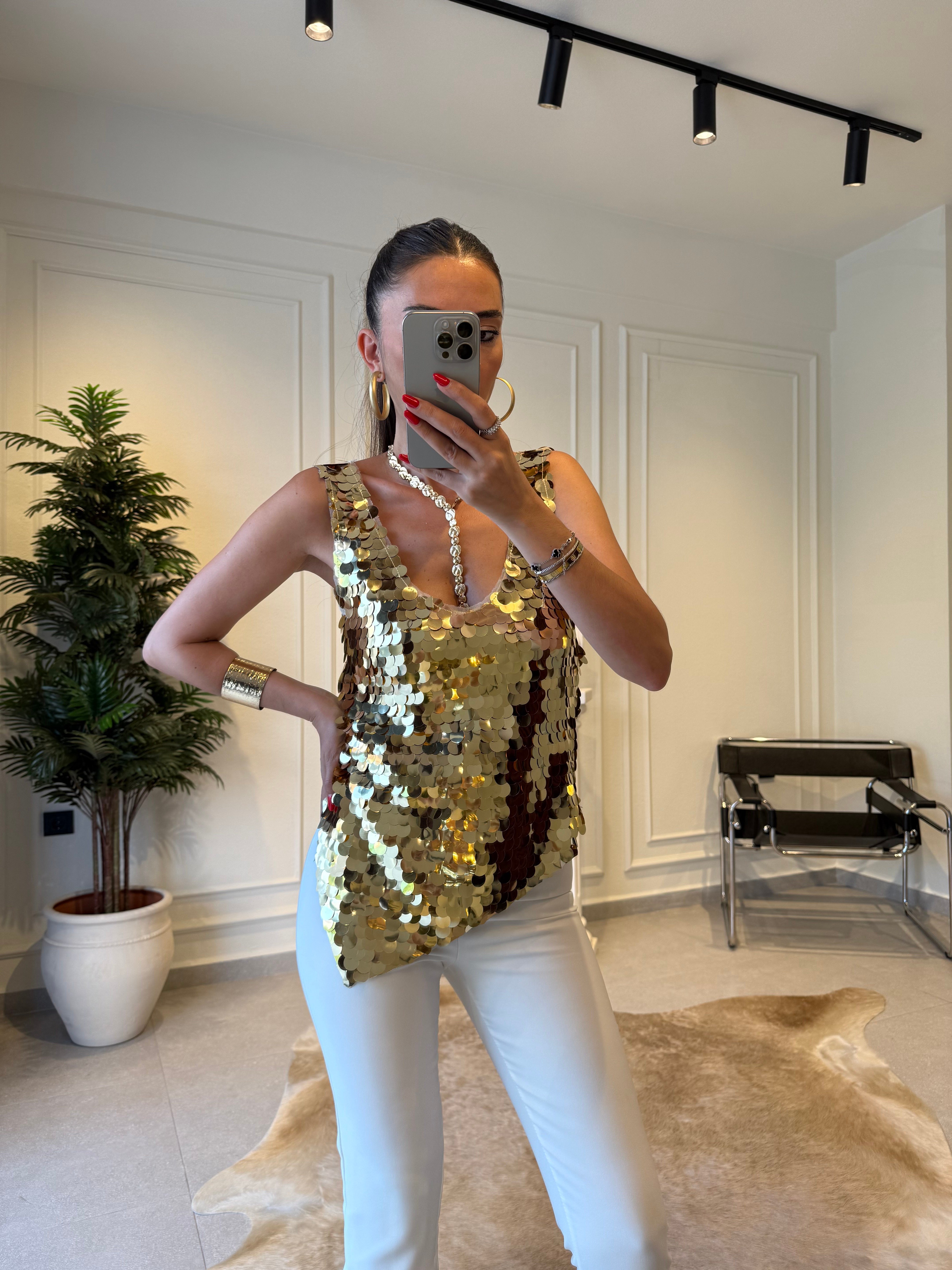 Gold Asimetrik Kesim Payetli Bluz