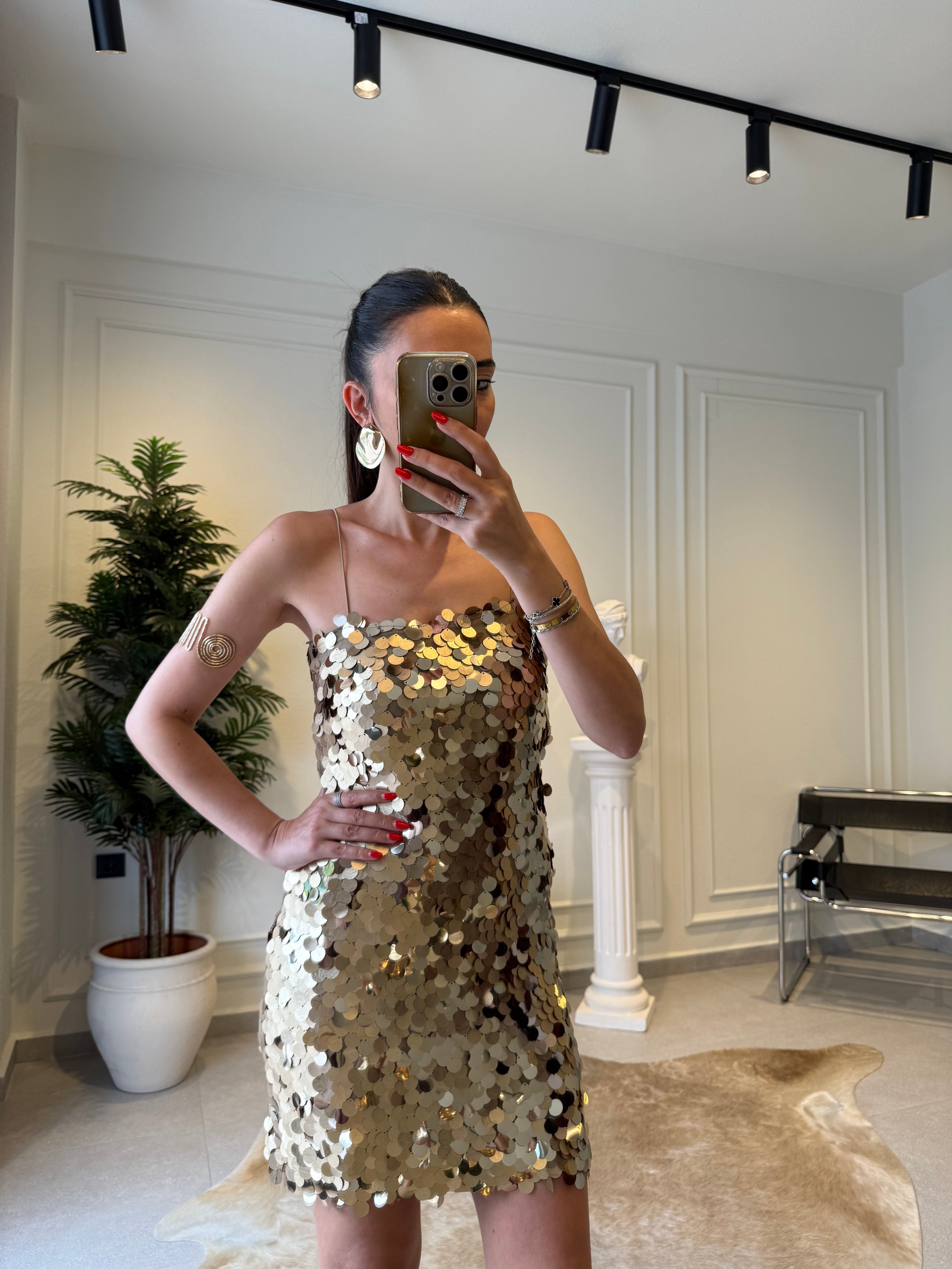 Gold İnce Askılı Payetli Mini Elbise 
