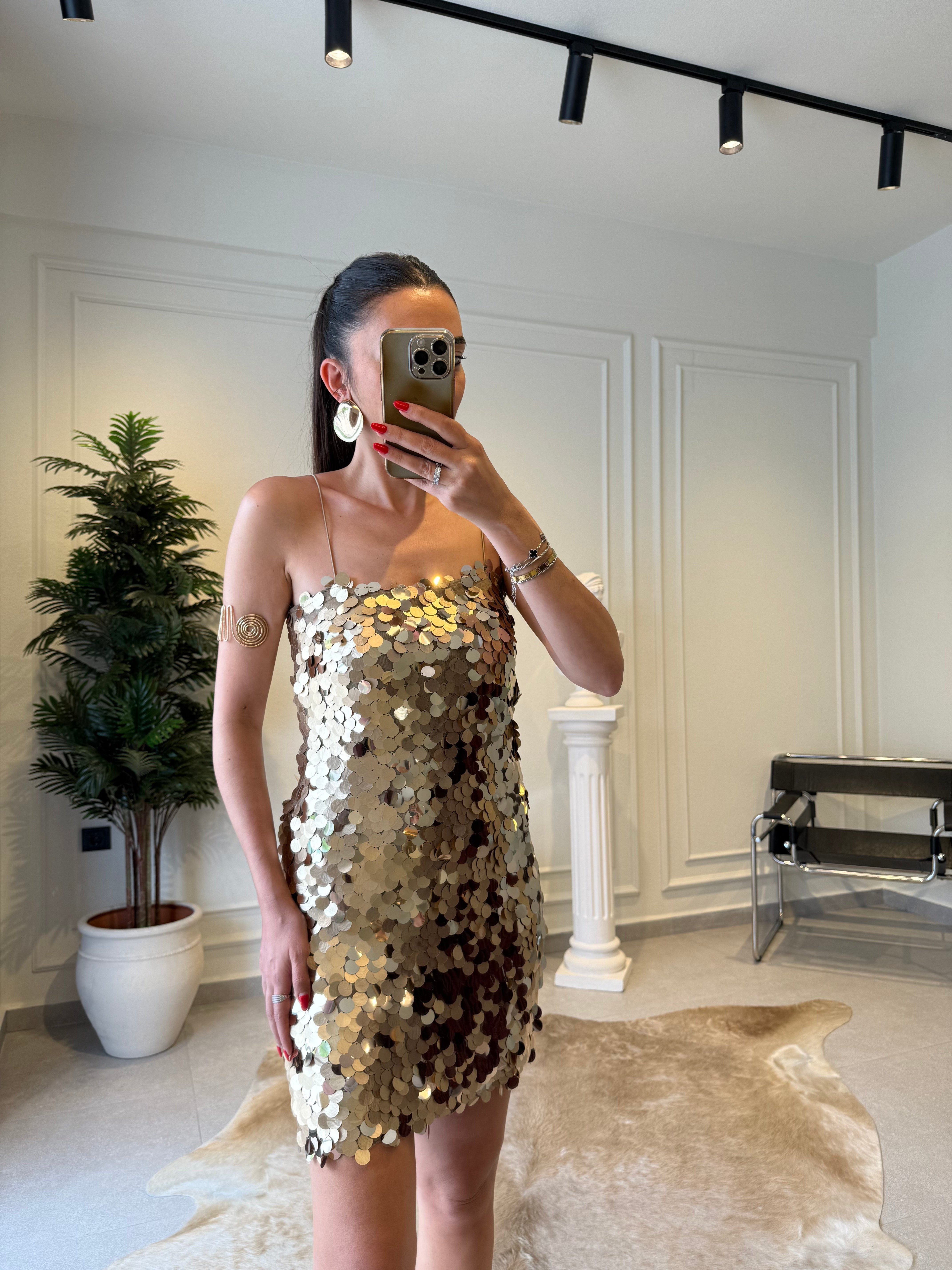 Gold İnce Askılı Payetli Mini Elbise 
