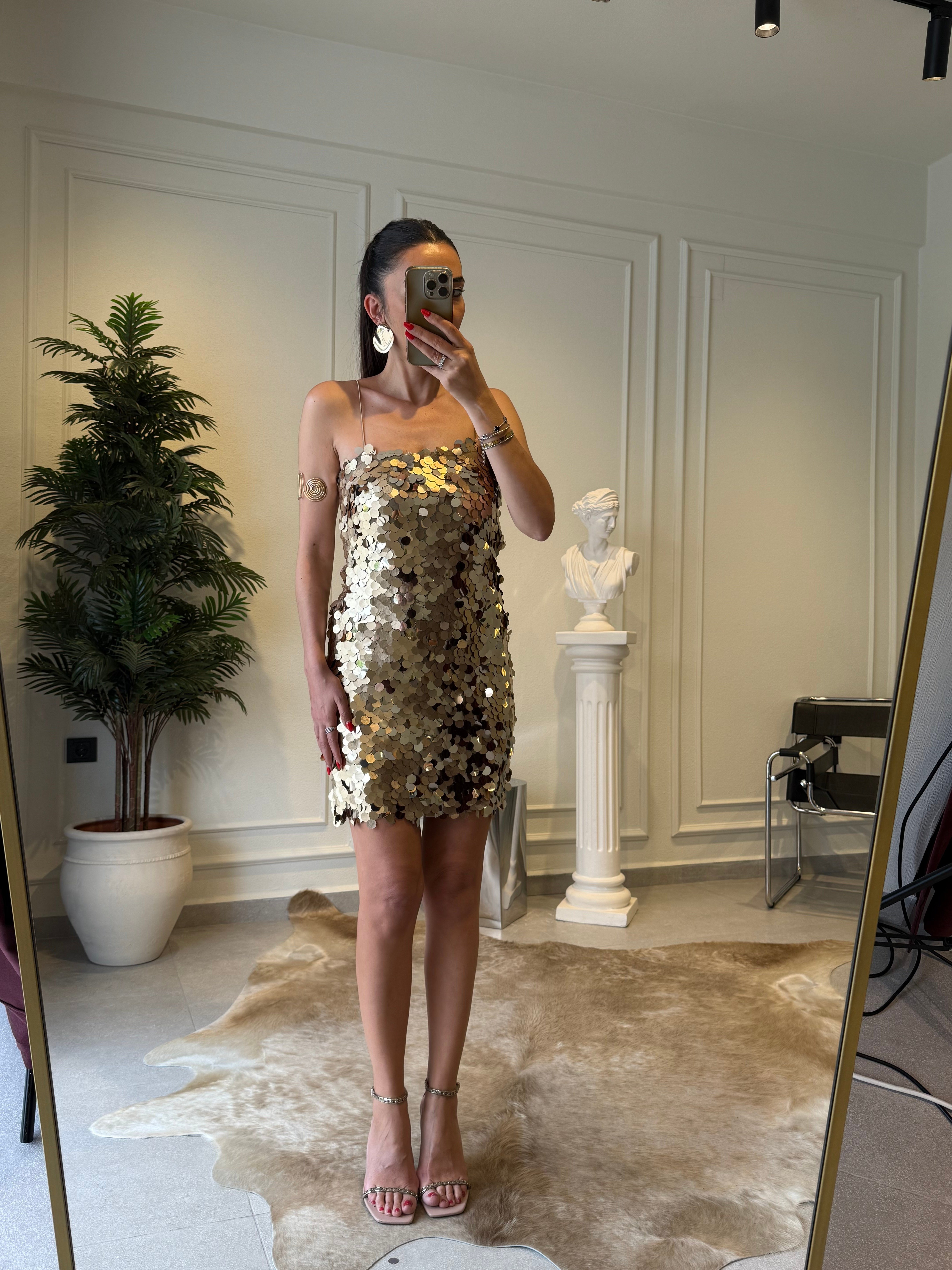 Gold İnce Askılı Payetli Mini Elbise 