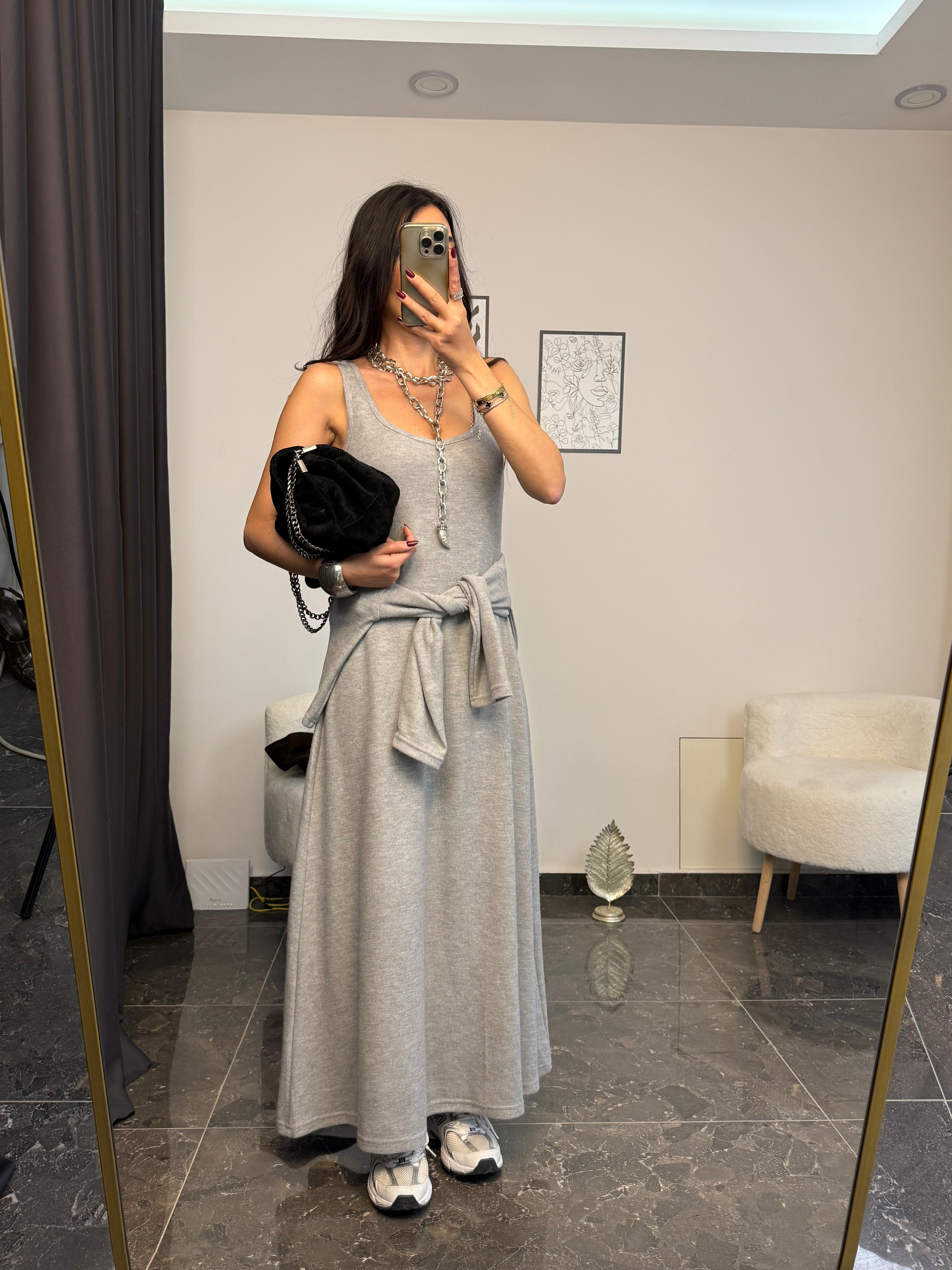 GRİ ÖRME KUMAŞ ELBİSE BLUZ TAKIM