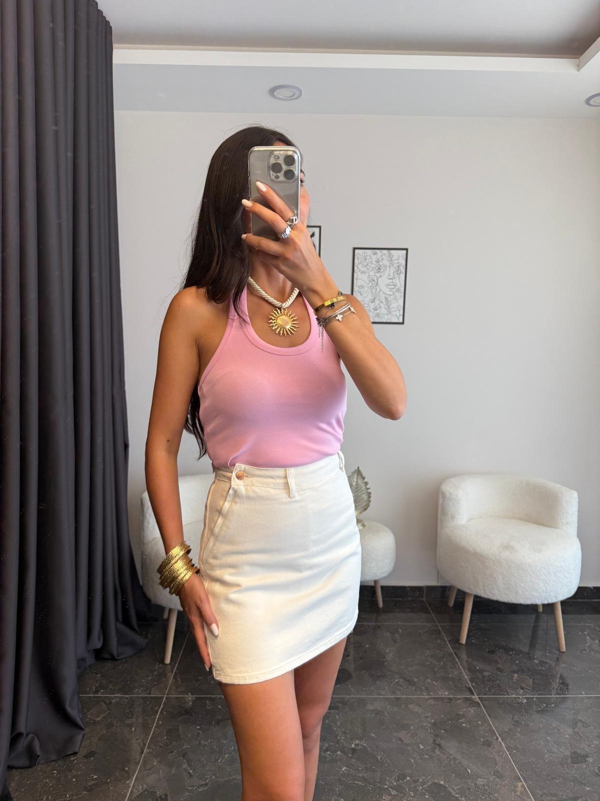 Halter Yaka Basic Bluz - Pembe