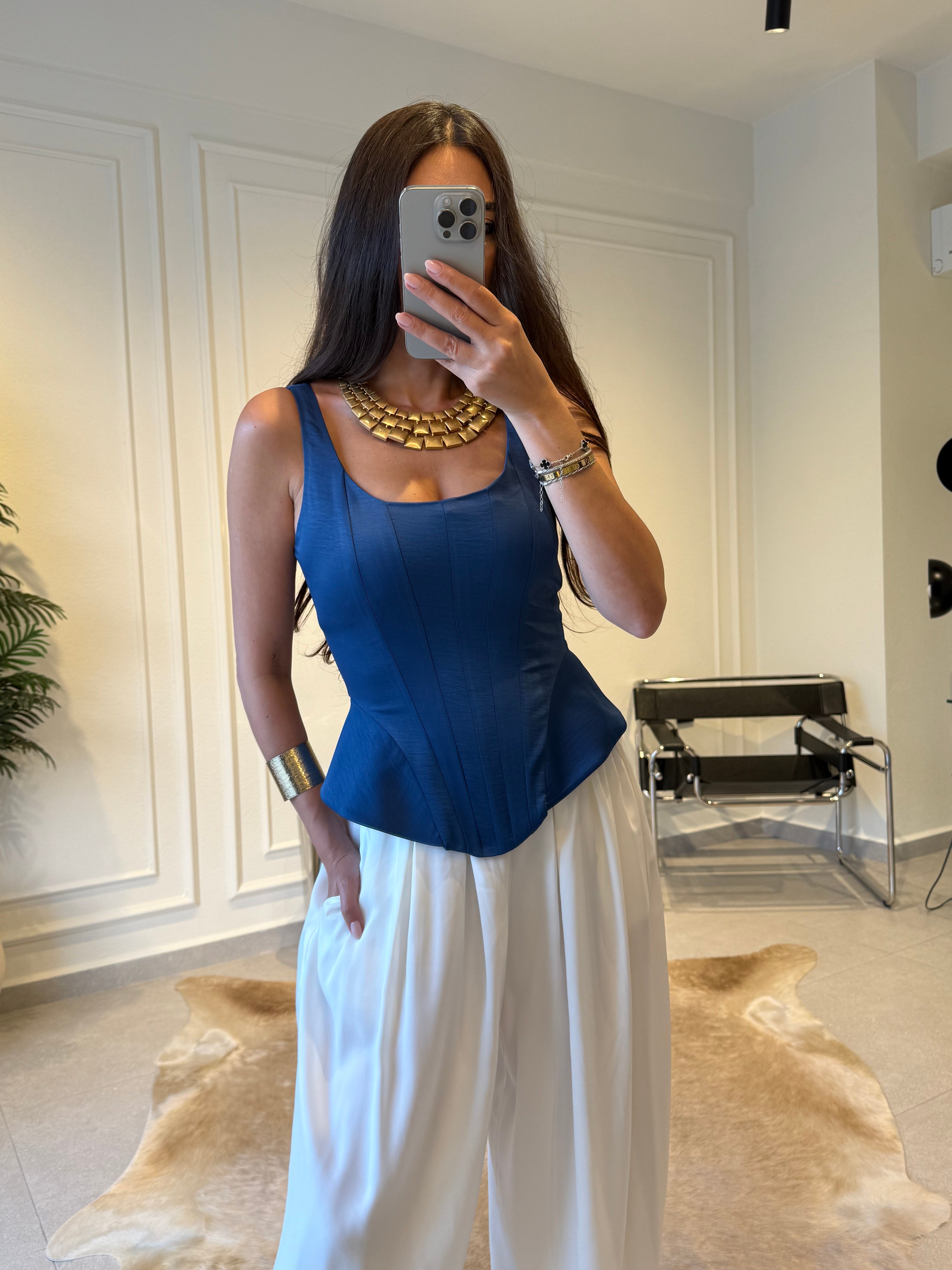İndigo Fermuarlı Balenli Korse Bluz