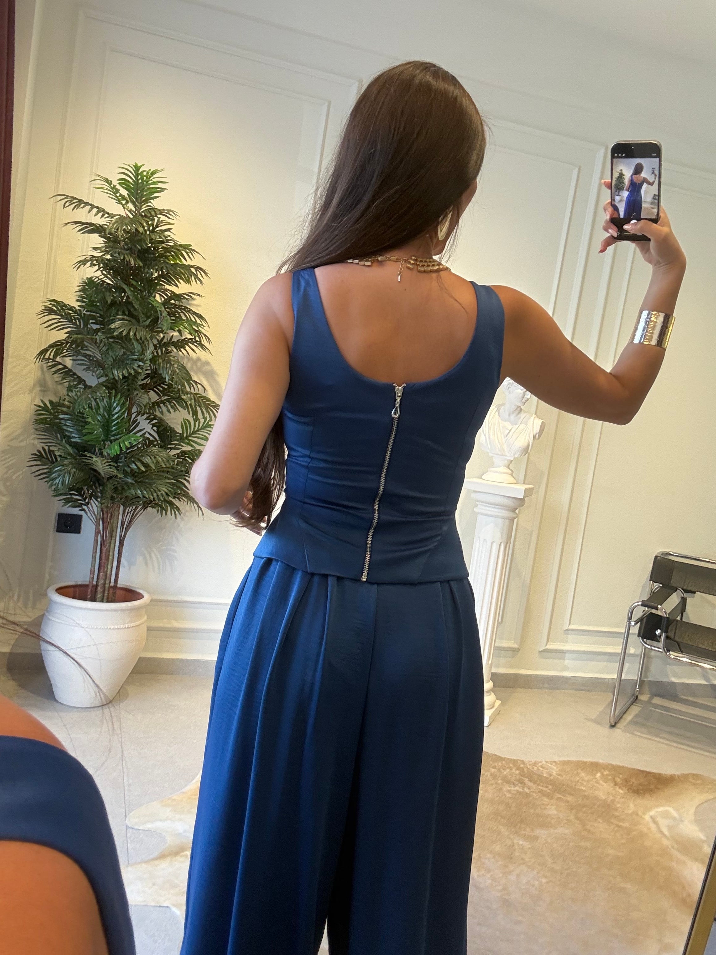 İndigo Fermuarlı Balenli Korse Bluz