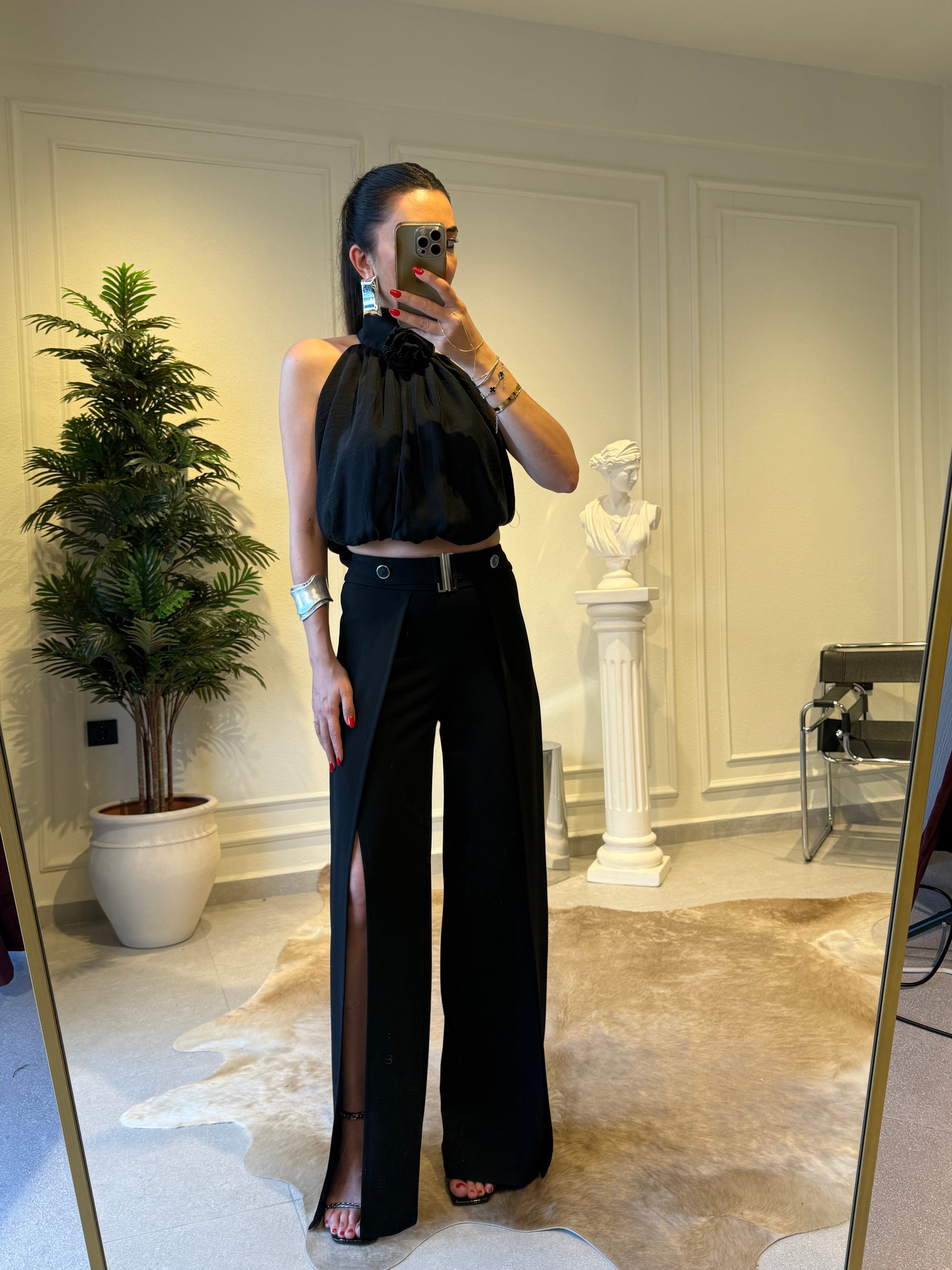 Kemerli Çift Yırtmaçlı Palazzo Pantolon 