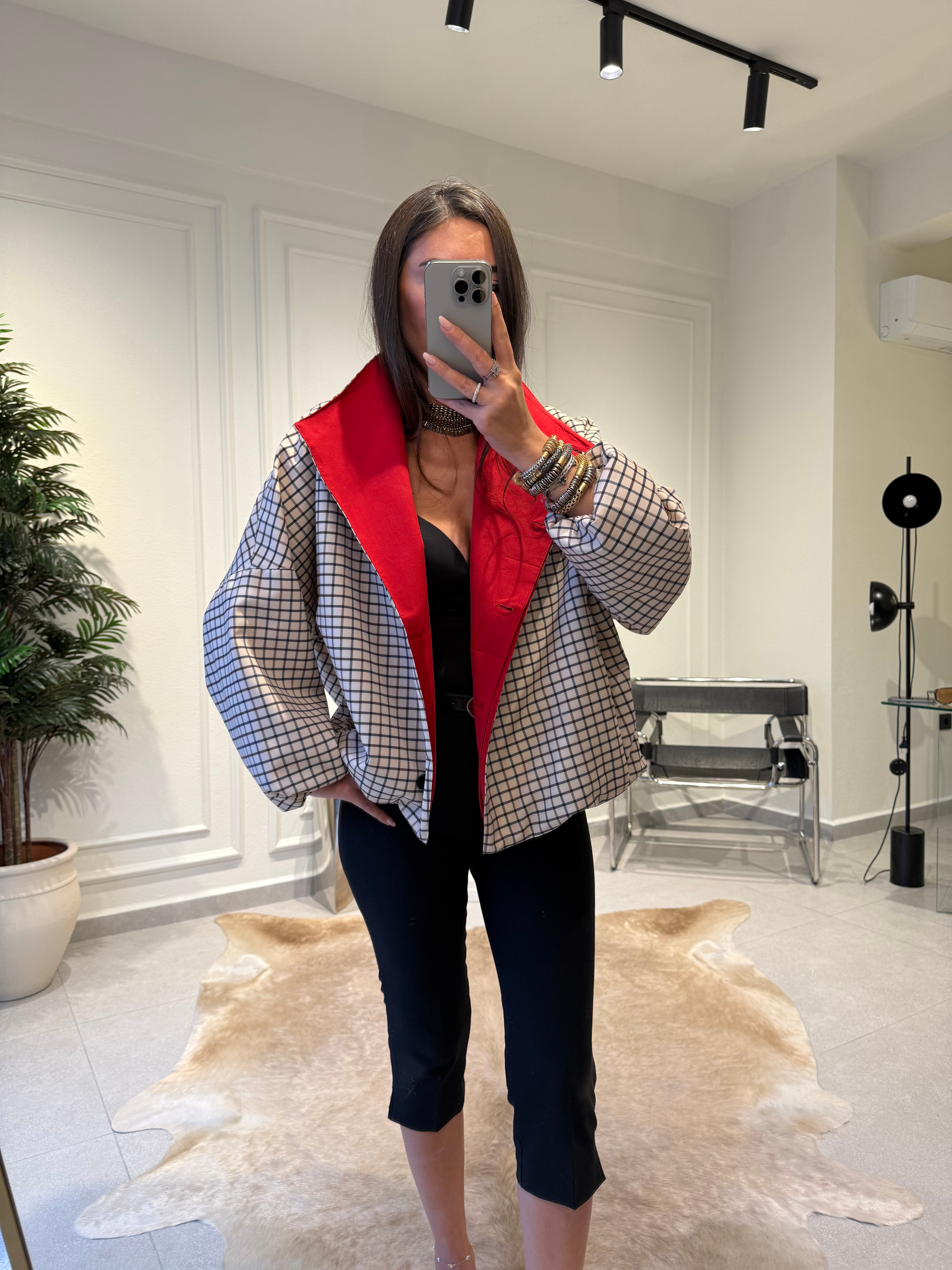 Kırmızı Astarlı Ekose Bomber Ceket