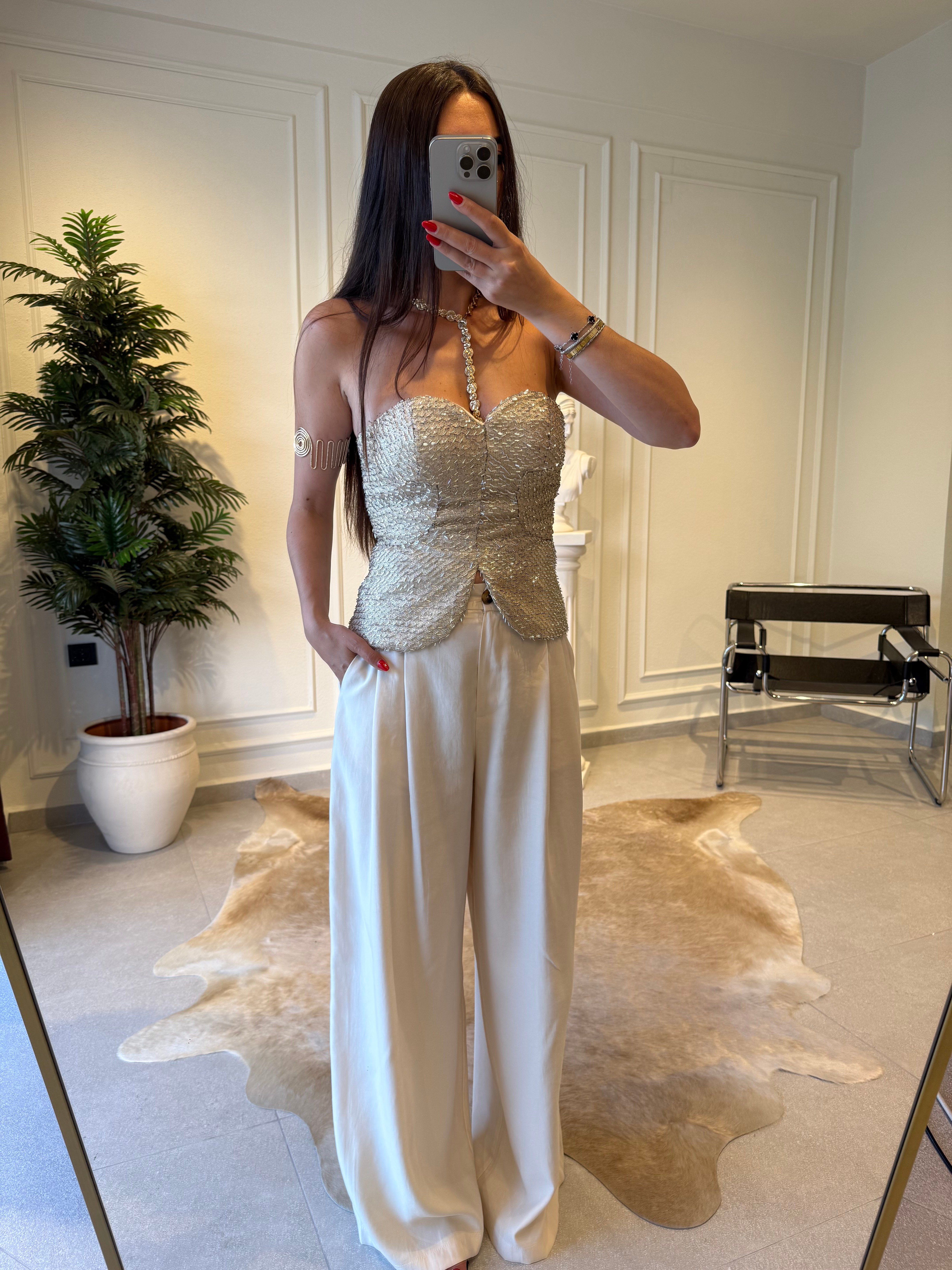 Krem Boncuk Detaylı Korse Bluz
