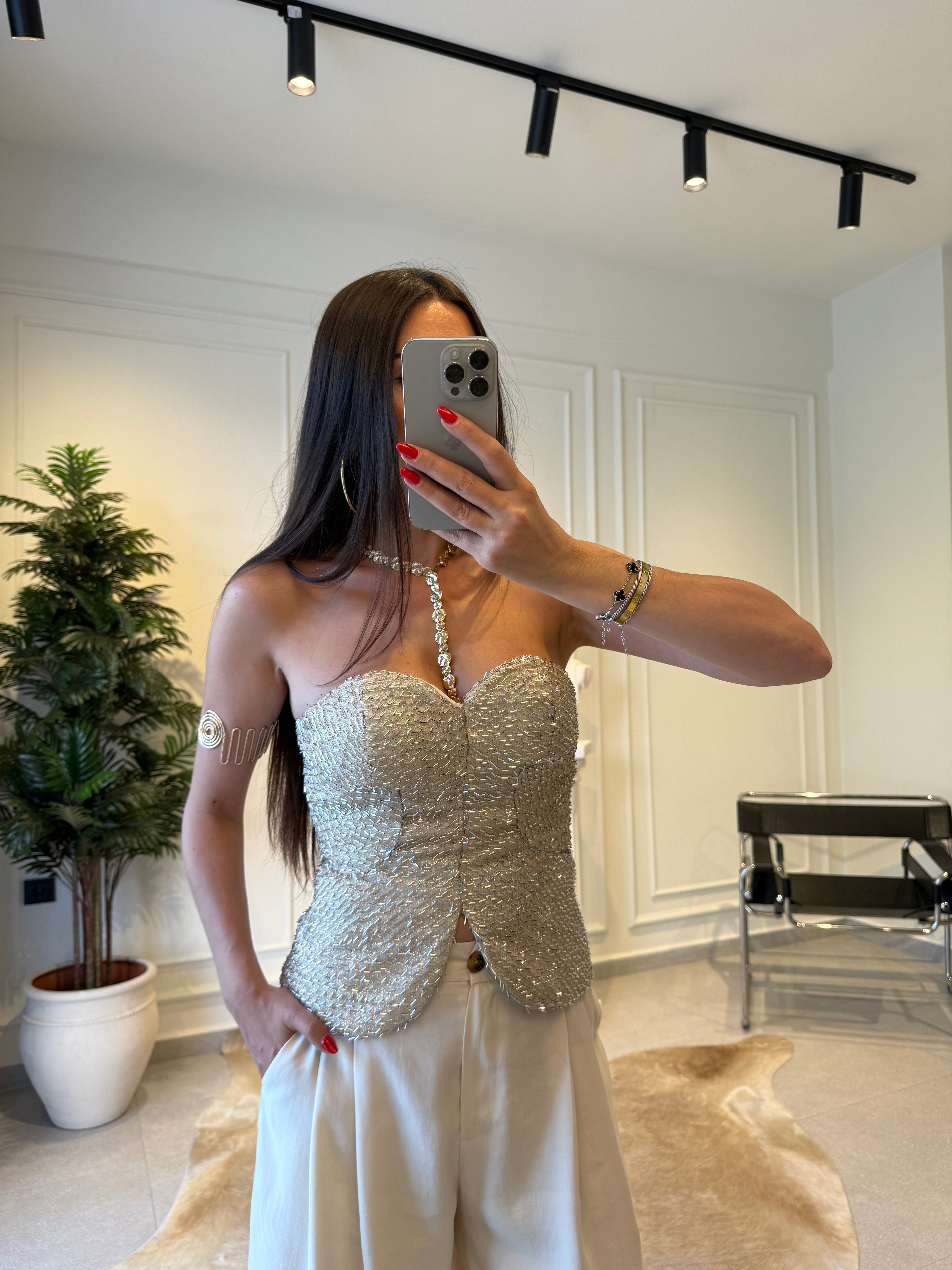 Krem Boncuk Detaylı Korse Bluz