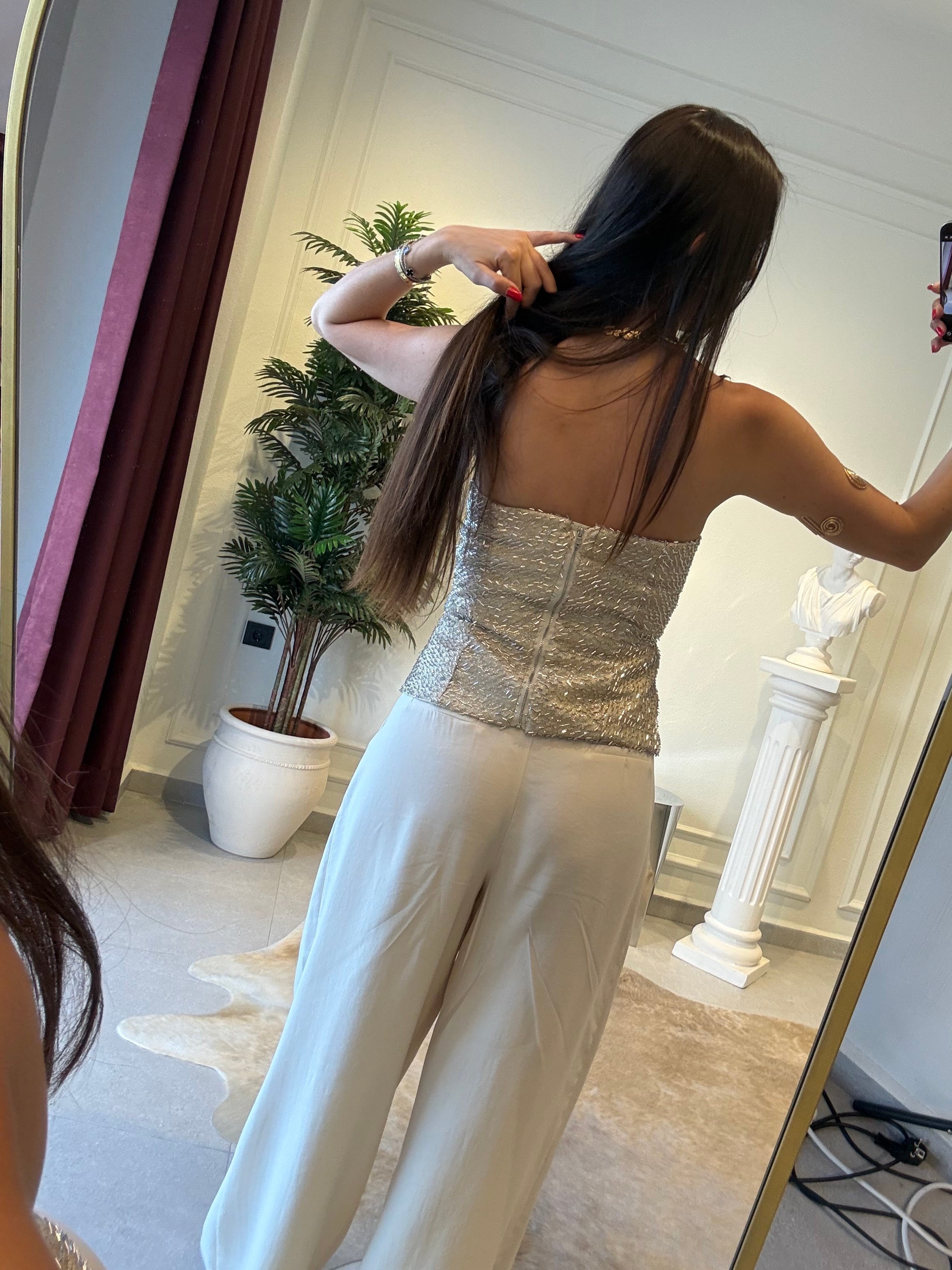 Krem Boncuk Detaylı Korse Bluz