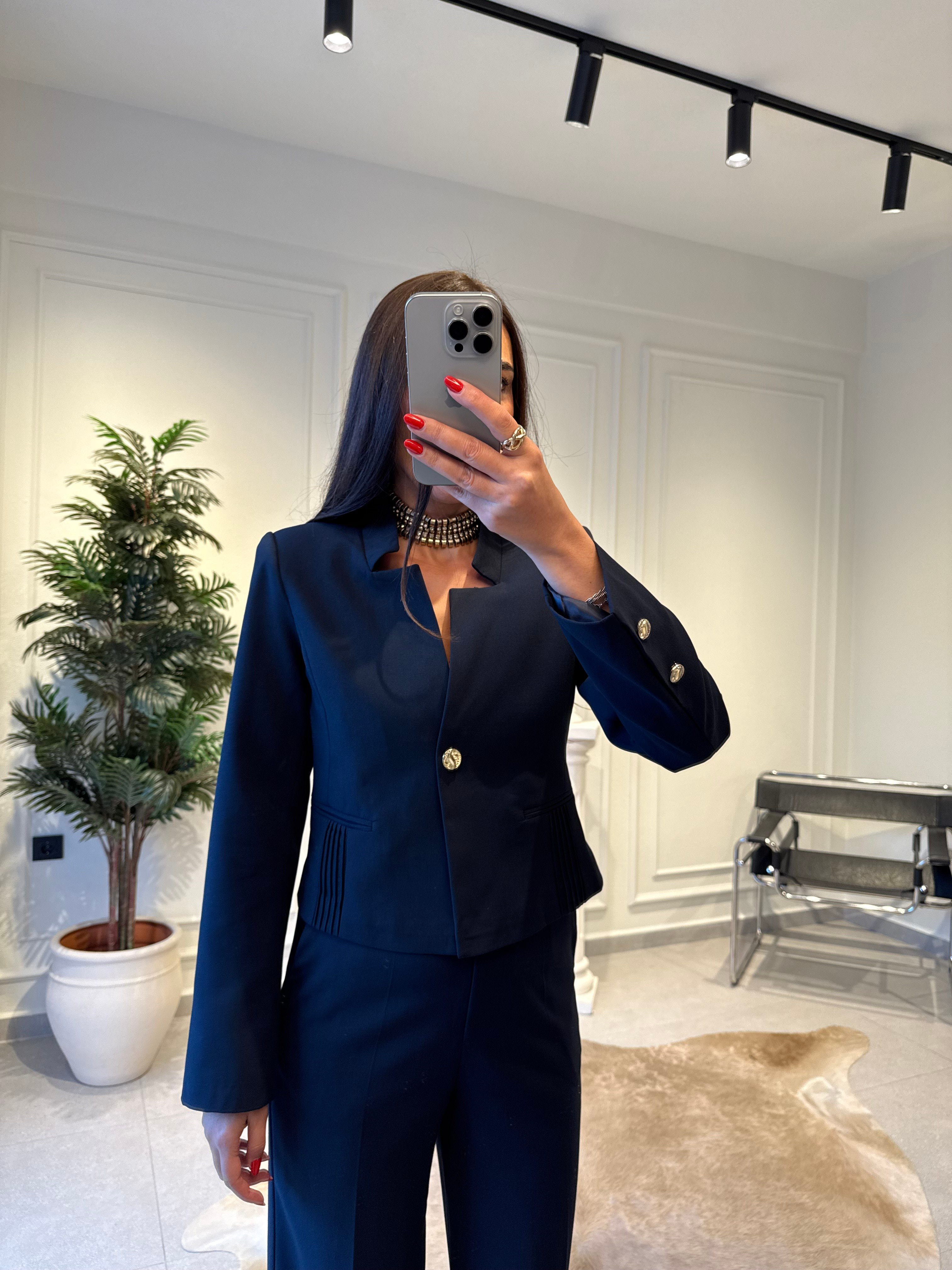 Lacivert Asimetrik Yaka Blazer Ceket