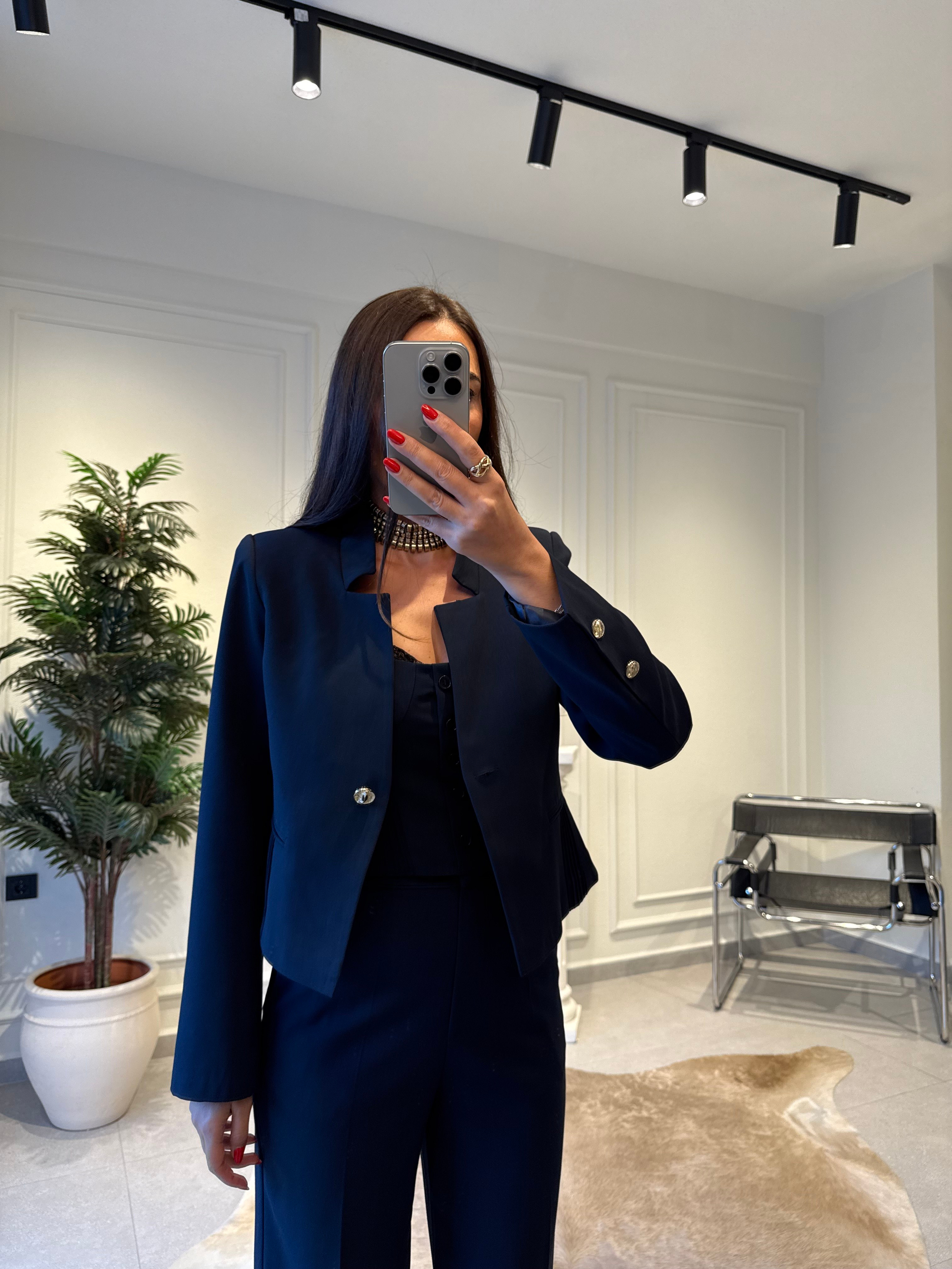 Lacivert Asimetrik Yaka Blazer Ceket