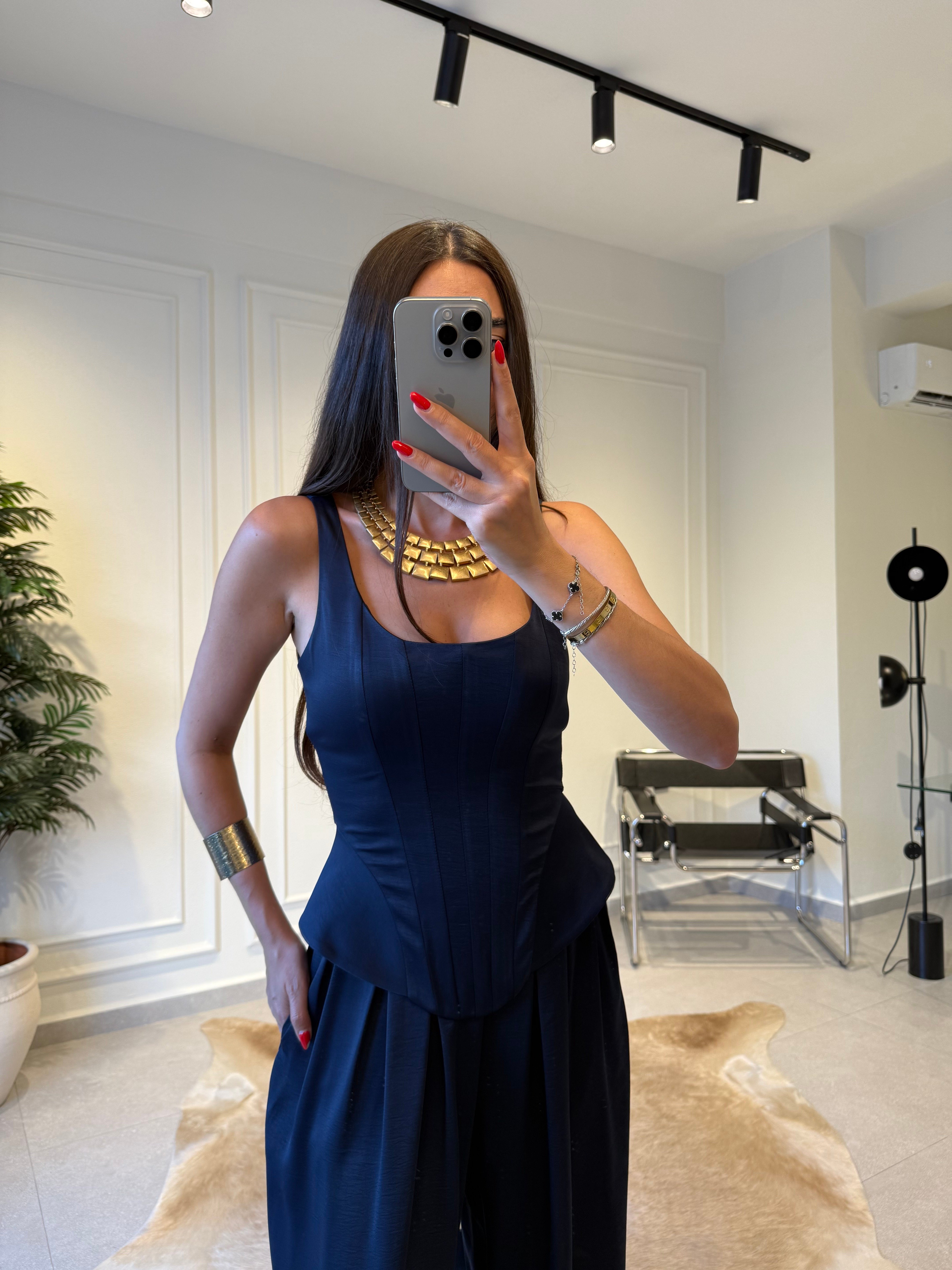 Lacivert Fermuarlı Balenli Korse Bluz