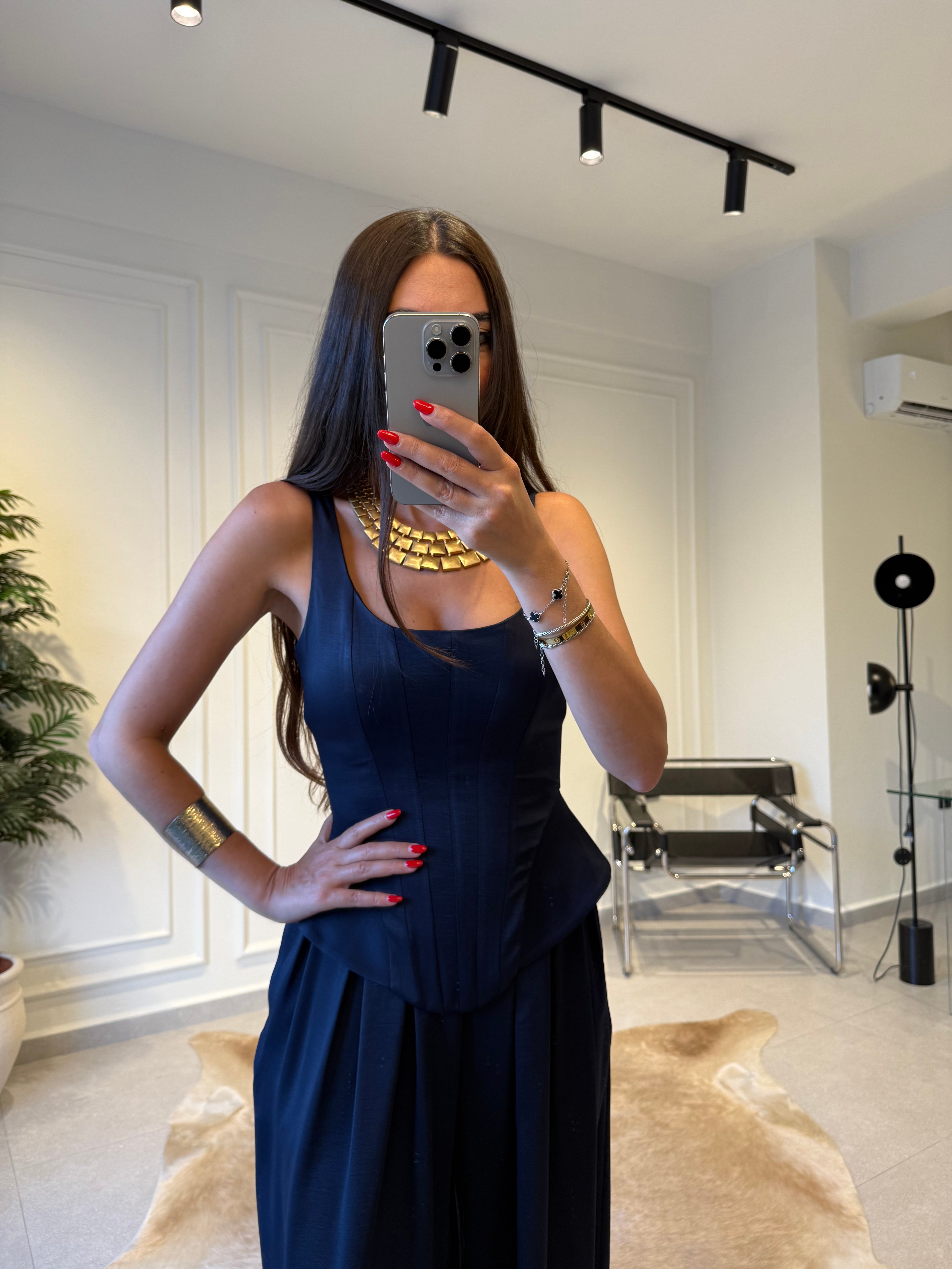 Lacivert Fermuarlı Balenli Korse Bluz
