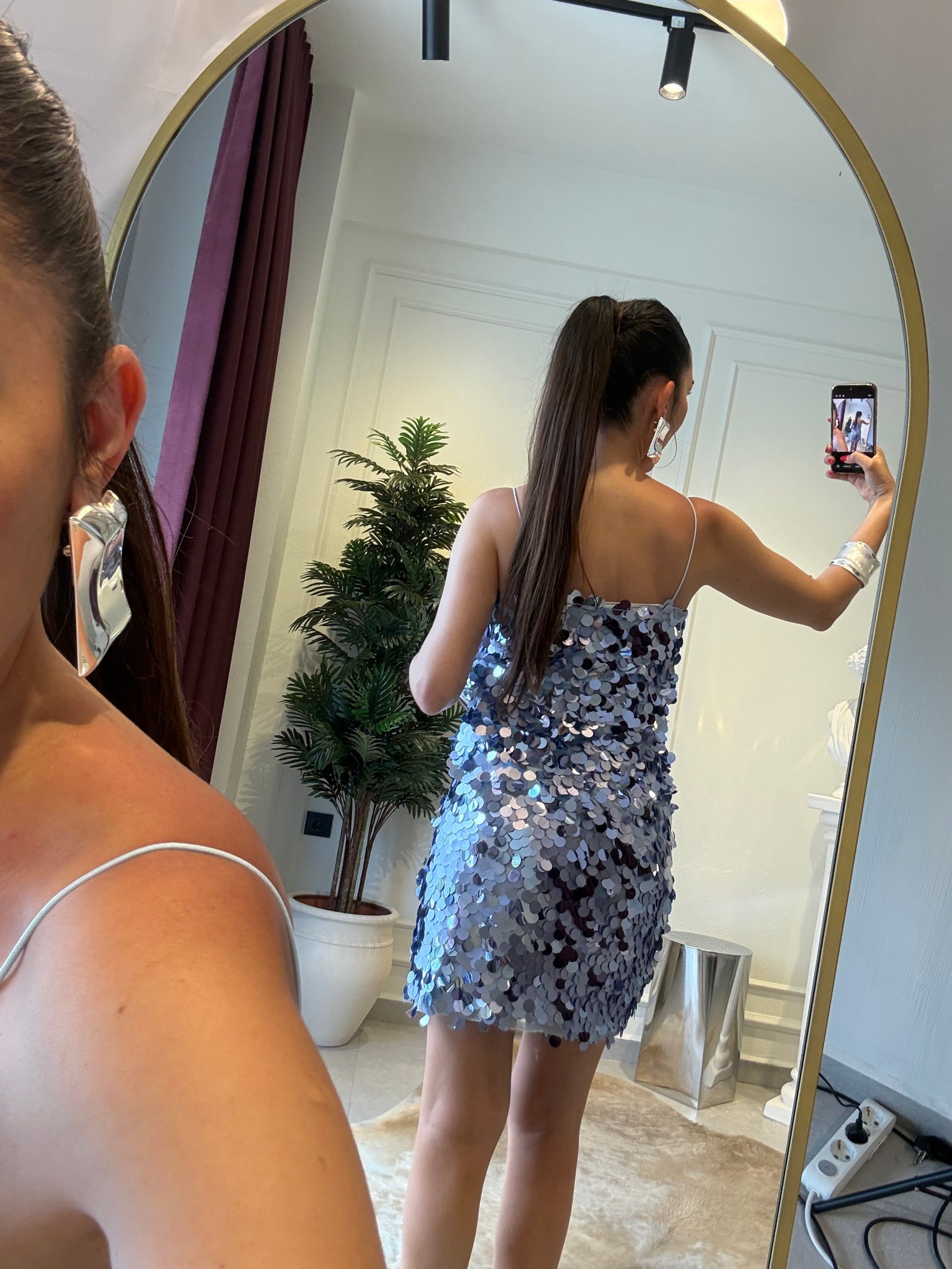 Lila İnce Askılı Payetli Mini Elbise