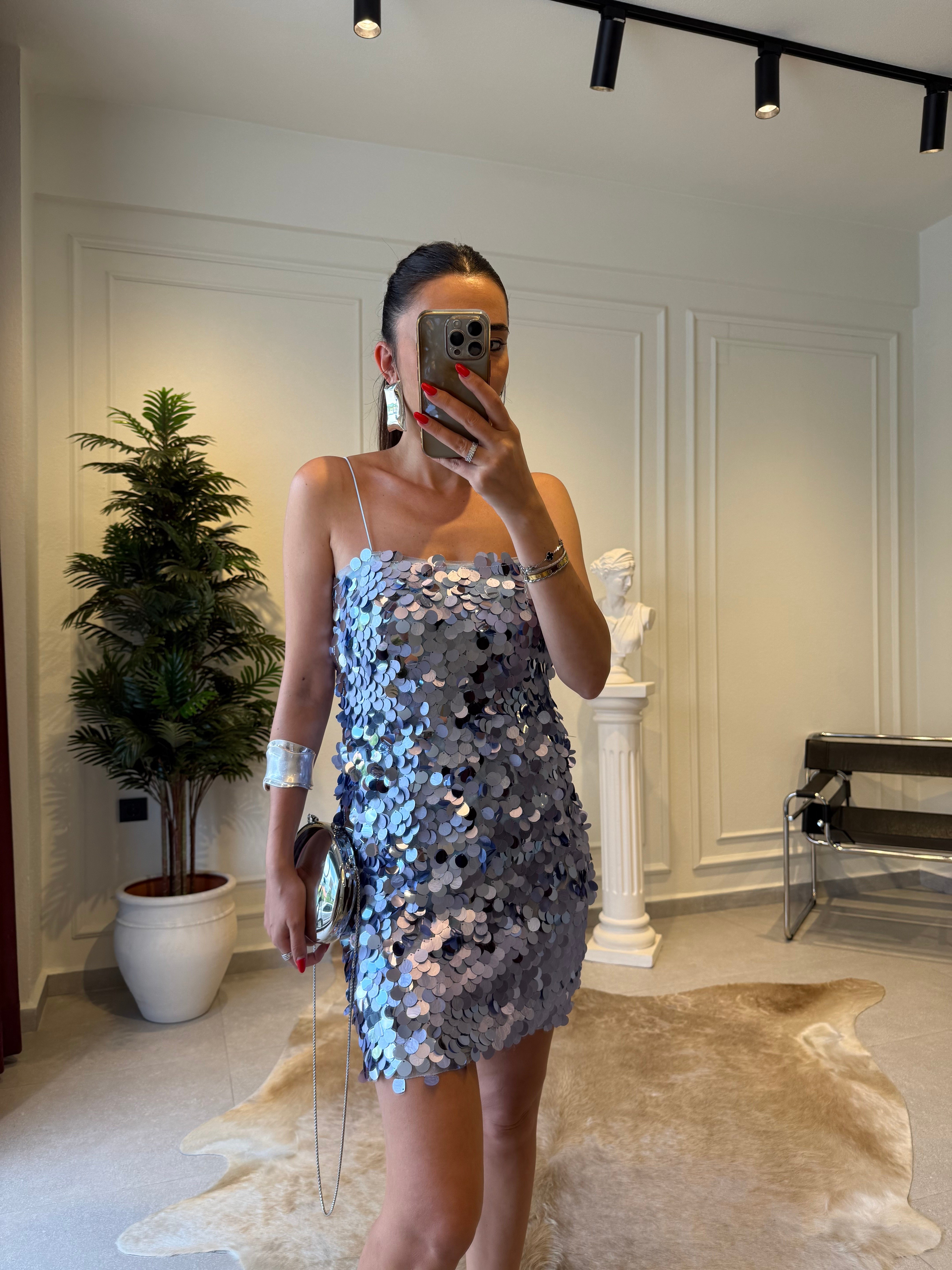 Lila İnce Askılı Payetli Mini Elbise