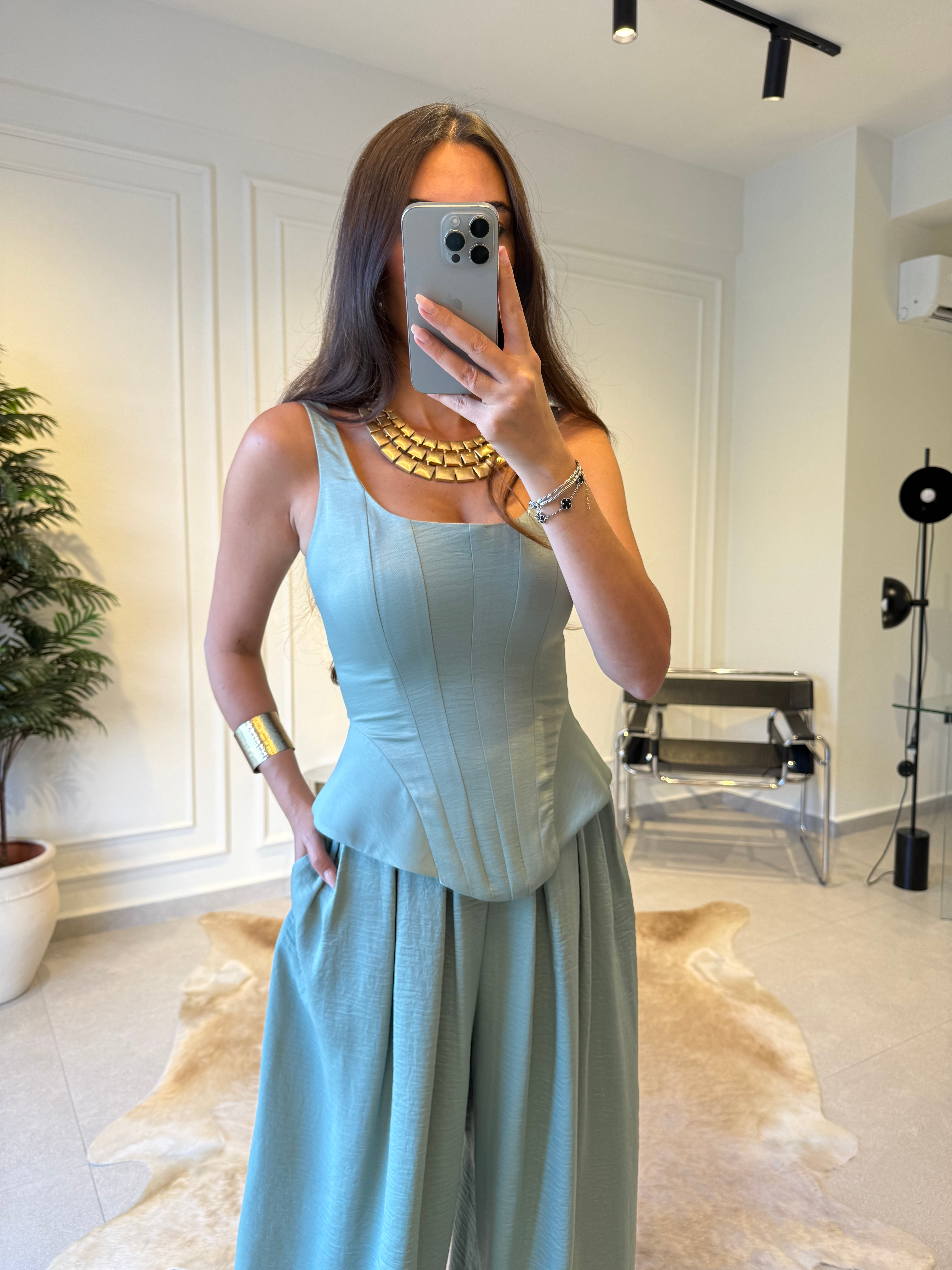 Mint Yeşili Çift Pileli Şalvar Pantolon