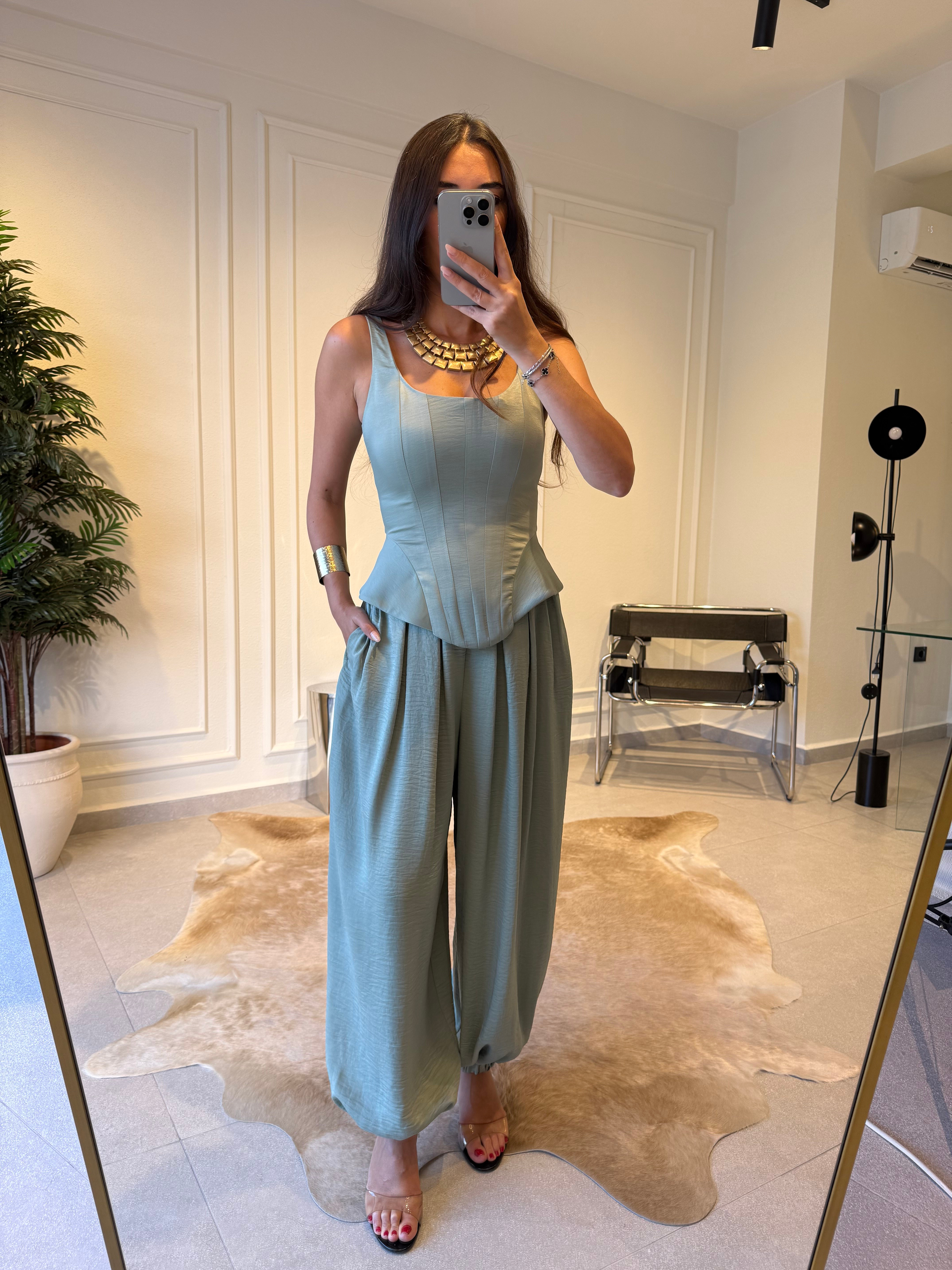 Mint Yeşili Çift Pileli Şalvar Pantolon