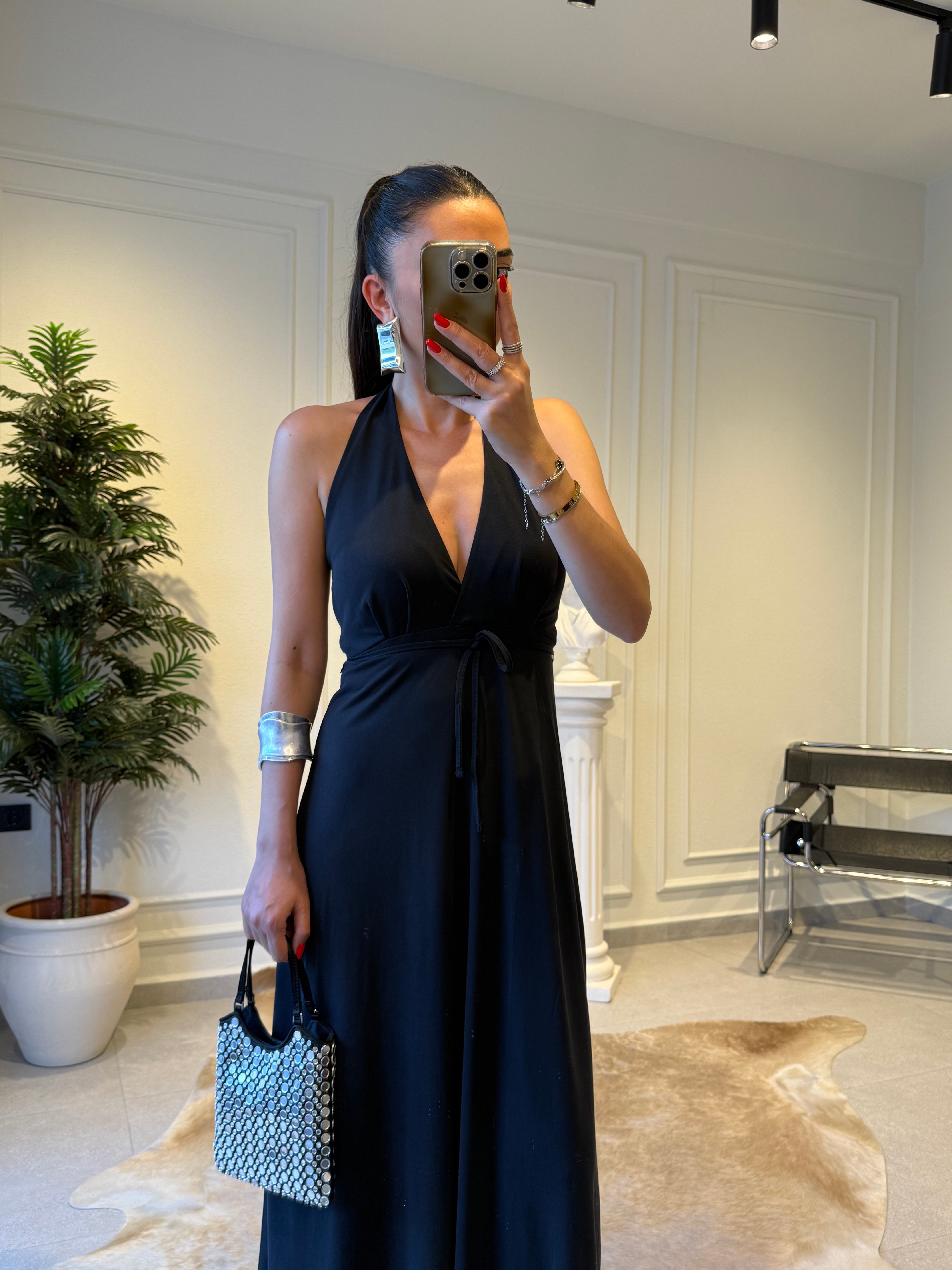Modal Kumaş Halter Yaka Siyah Elbise