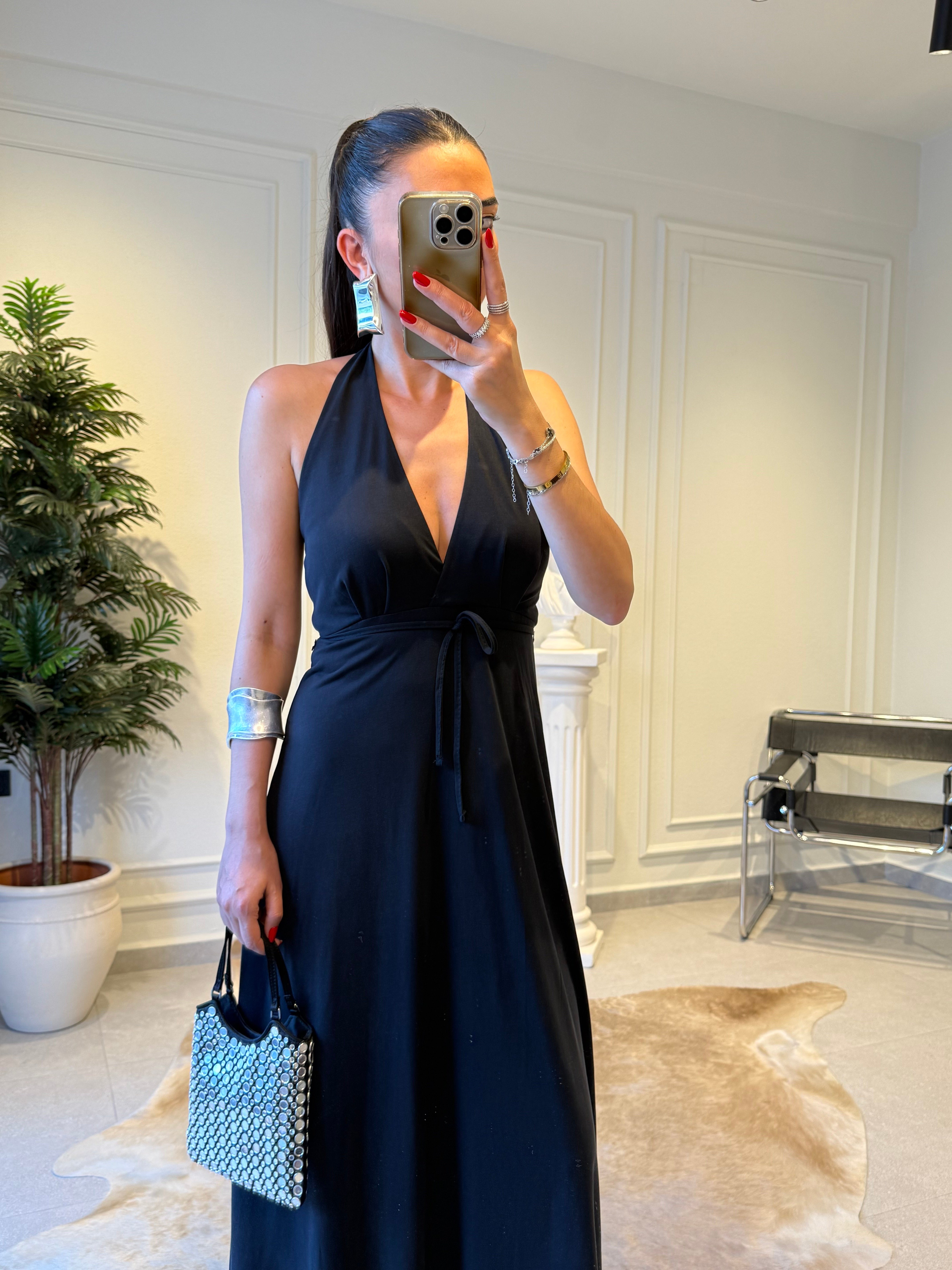 Modal Kumaş Halter Yaka Siyah Elbise