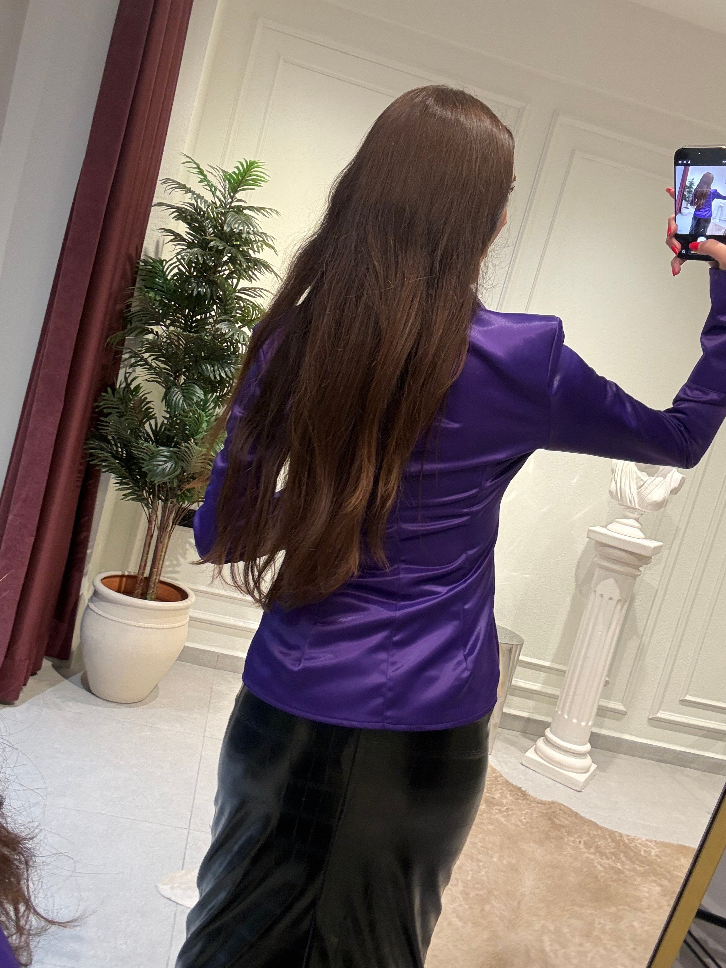 Mor Vatkalı Fit Saten Gömlek